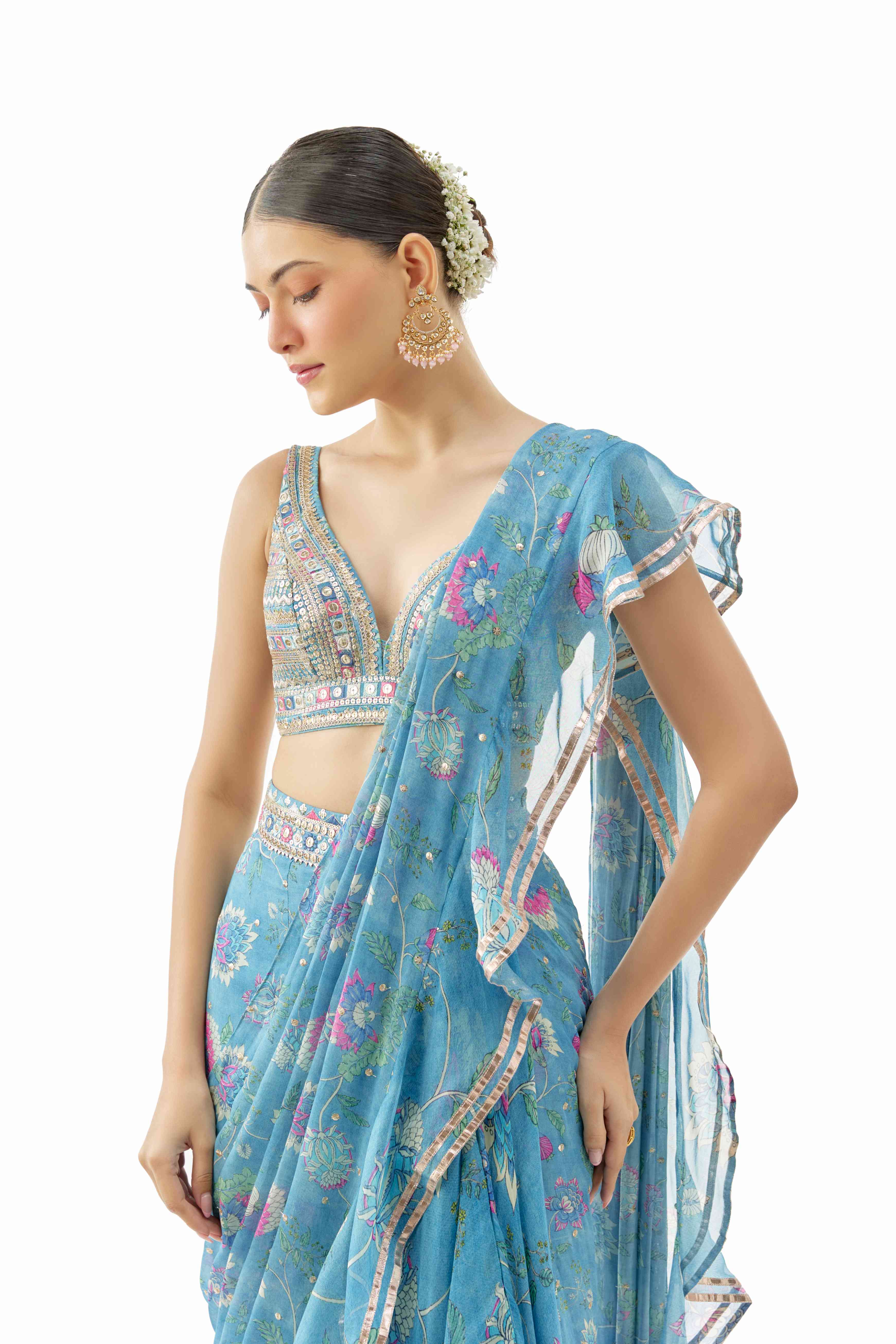 A model showcasing Akshata Blue Saree Set by Gopi Vaid from Gopi Vaid's collection