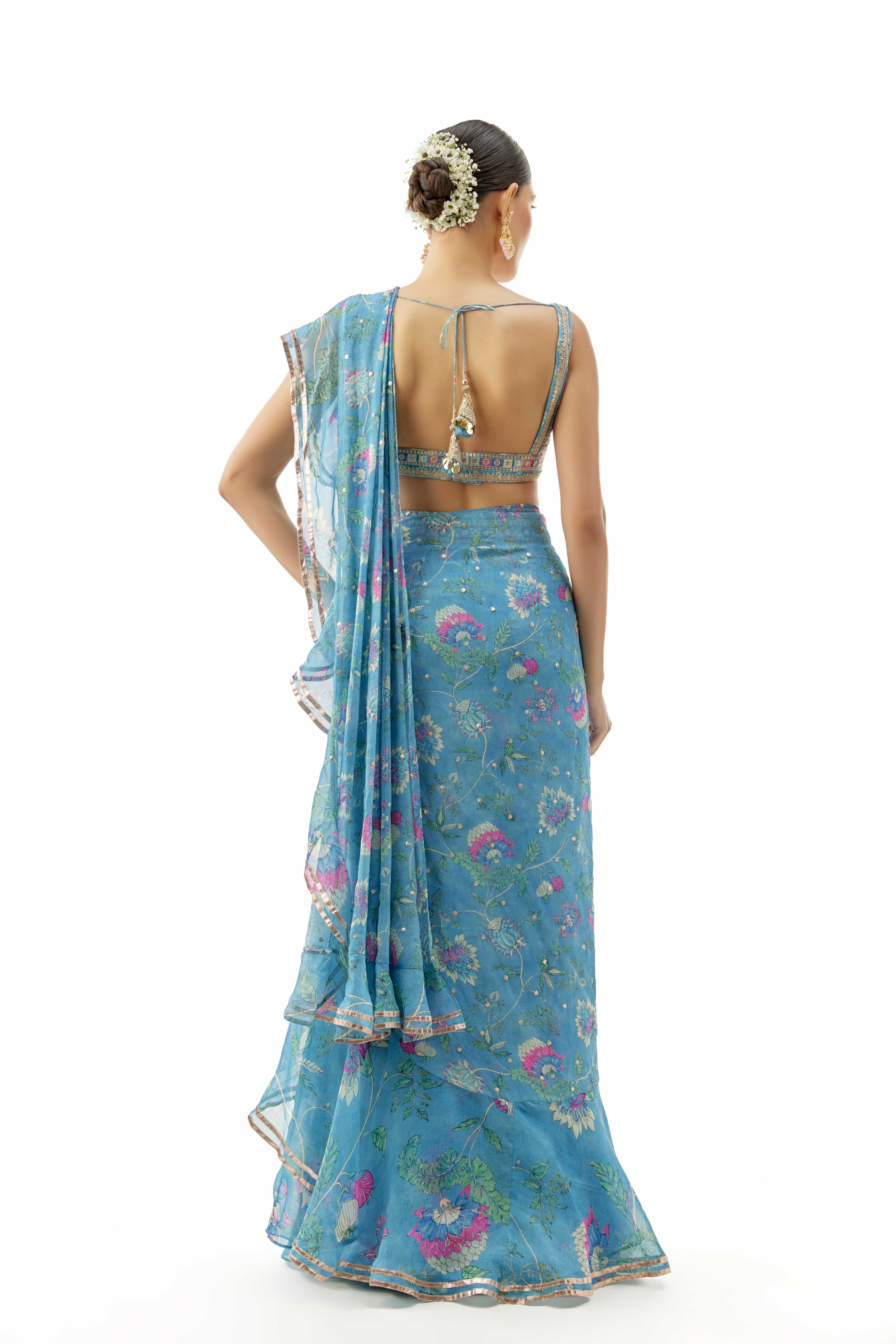 A model showcasing Akshata Blue Saree Set by Gopi Vaid from Gopi Vaid's collection