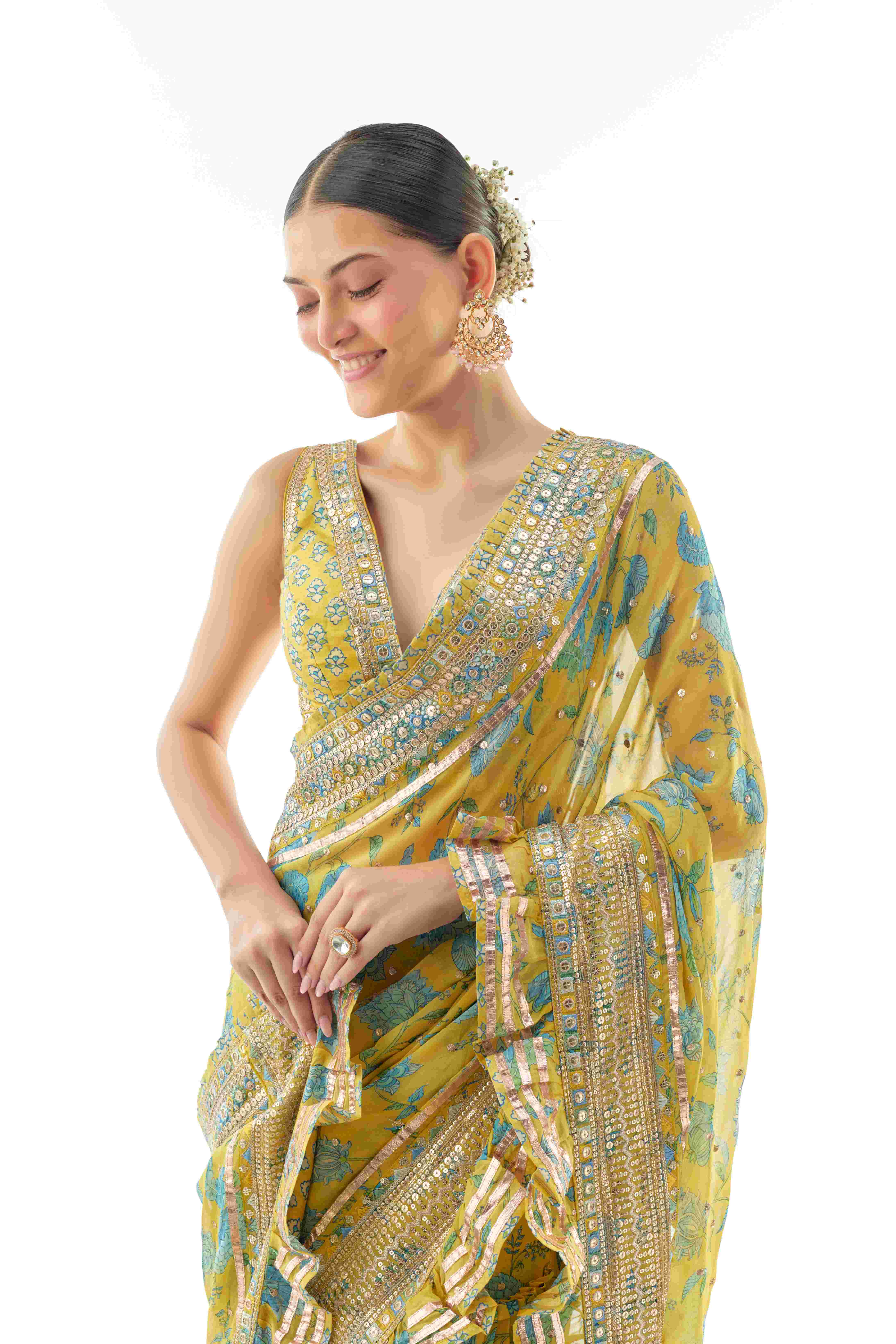 A model showcasing Aanchal Georgette Saree Set by Gopi Vaid from Gopi Vaid's collection