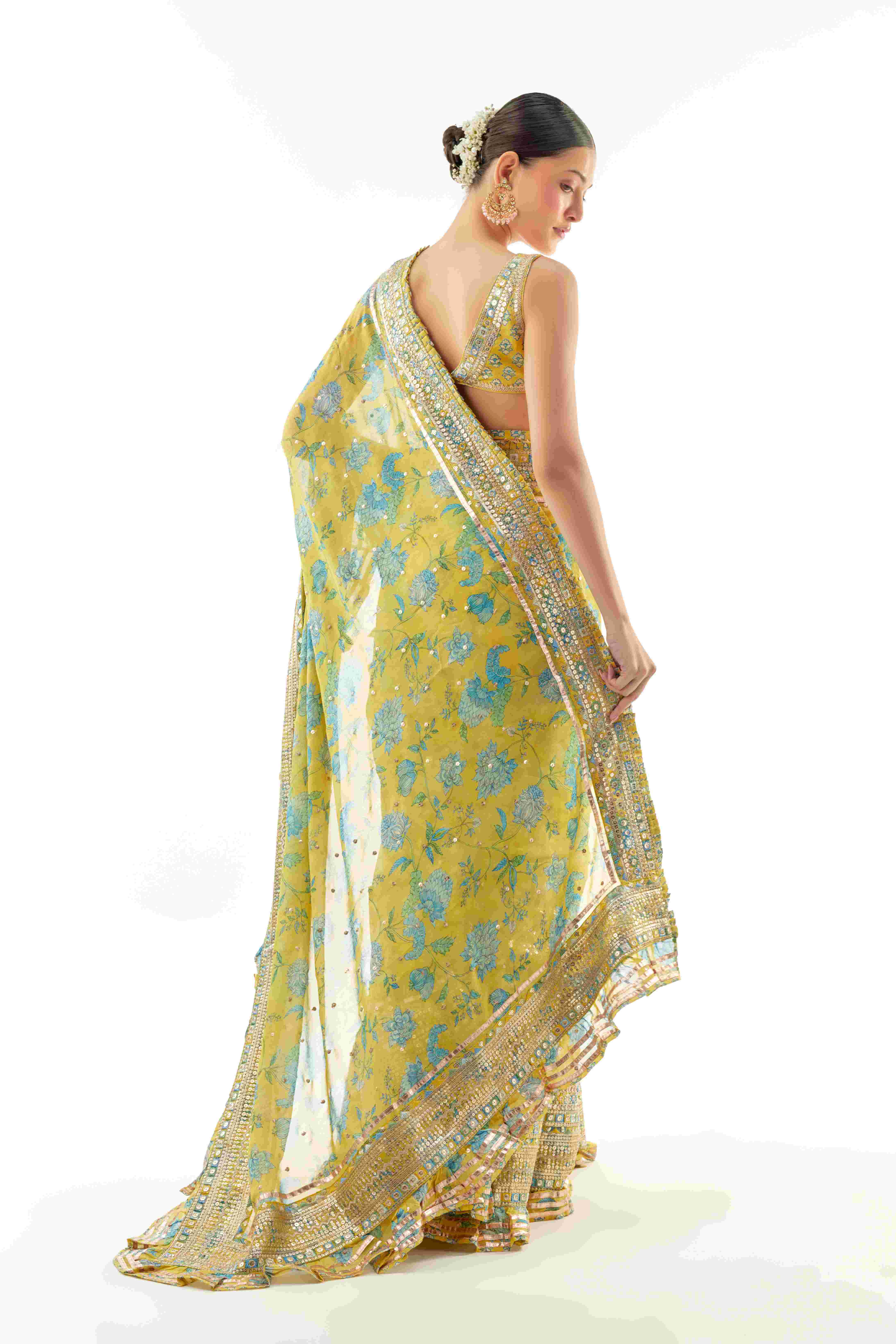 A model showcasing Aanchal Georgette Saree Set by Gopi Vaid from Gopi Vaid's collection