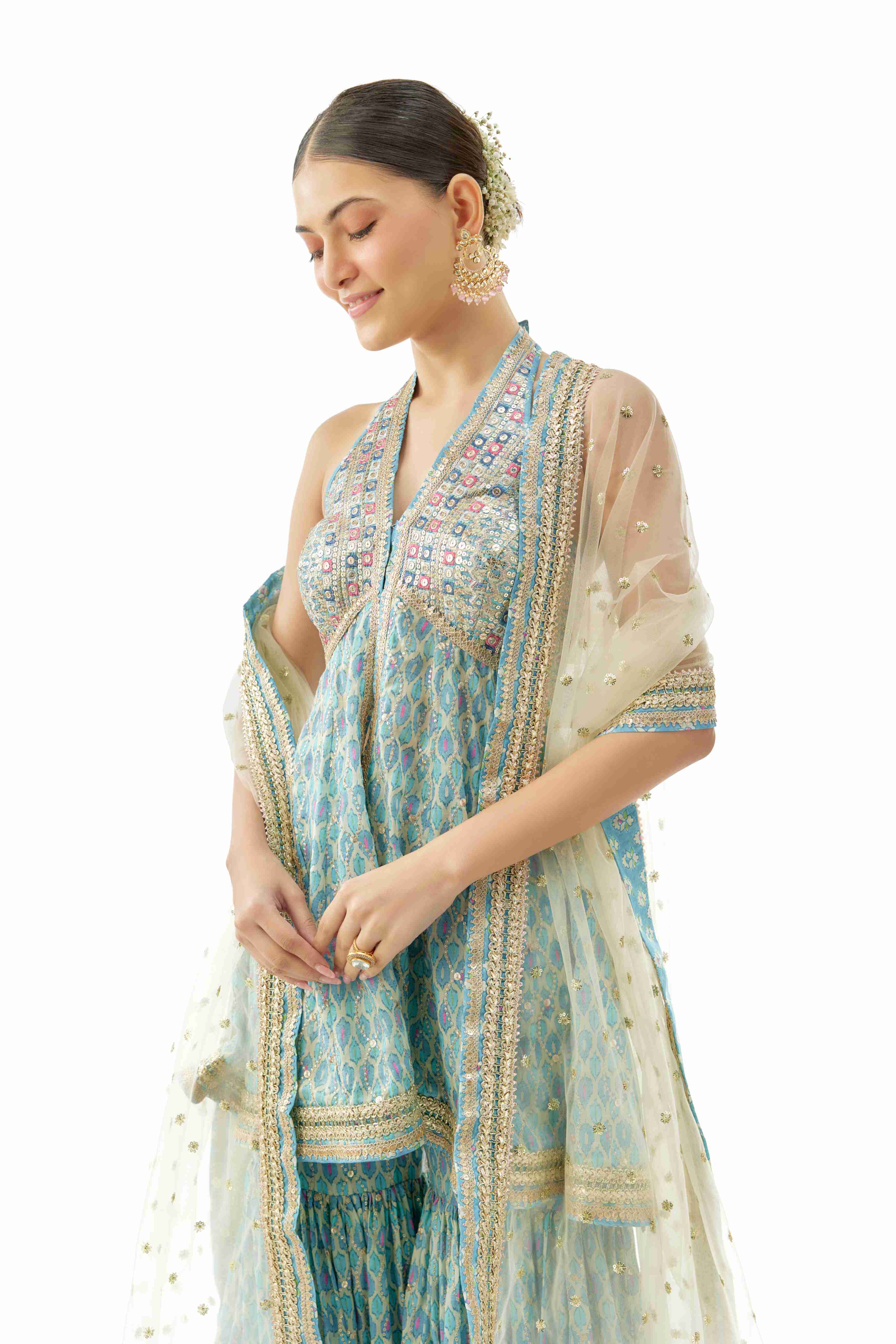A model showcasing Janhavi Blue Peplum Set by Gopi Vaid from Gopi Vaid's collection