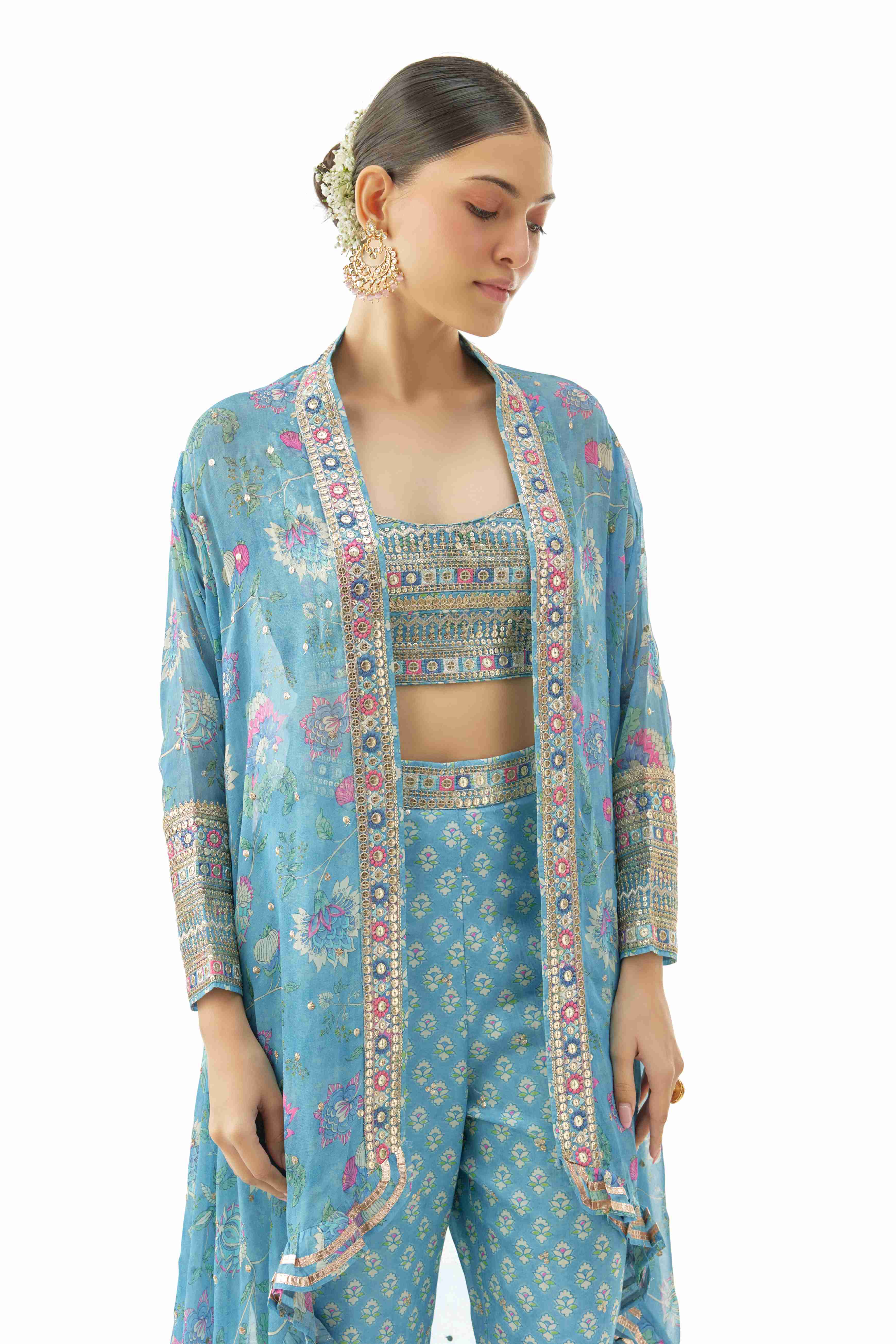 A model showcasing Gunjan Blue Pants Set by Gopi Vaid from Gopi Vaid's collection