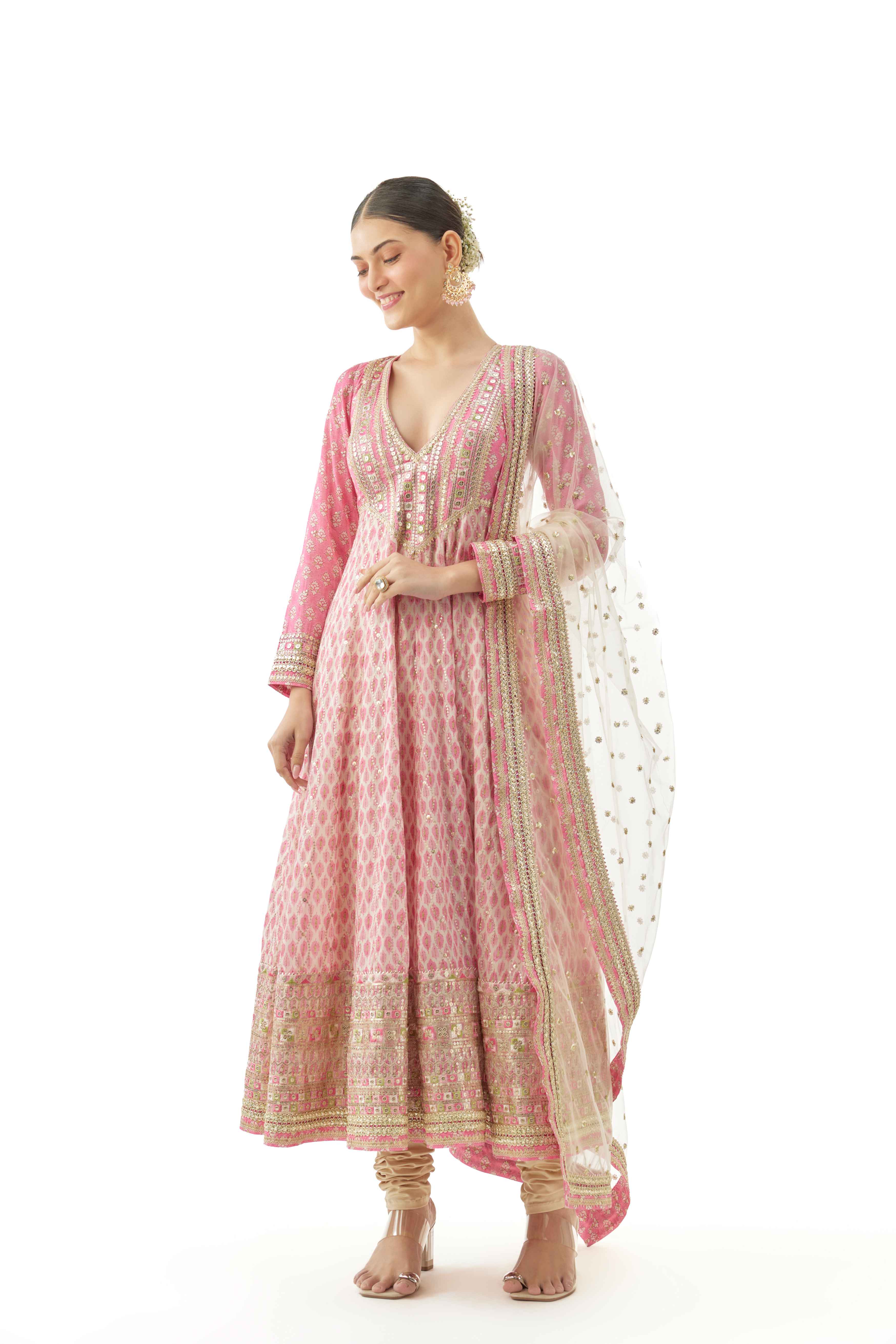 A model showcasing Prisha Pink Anarkali Set by Gopi Vaid from Gopi Vaid's collection