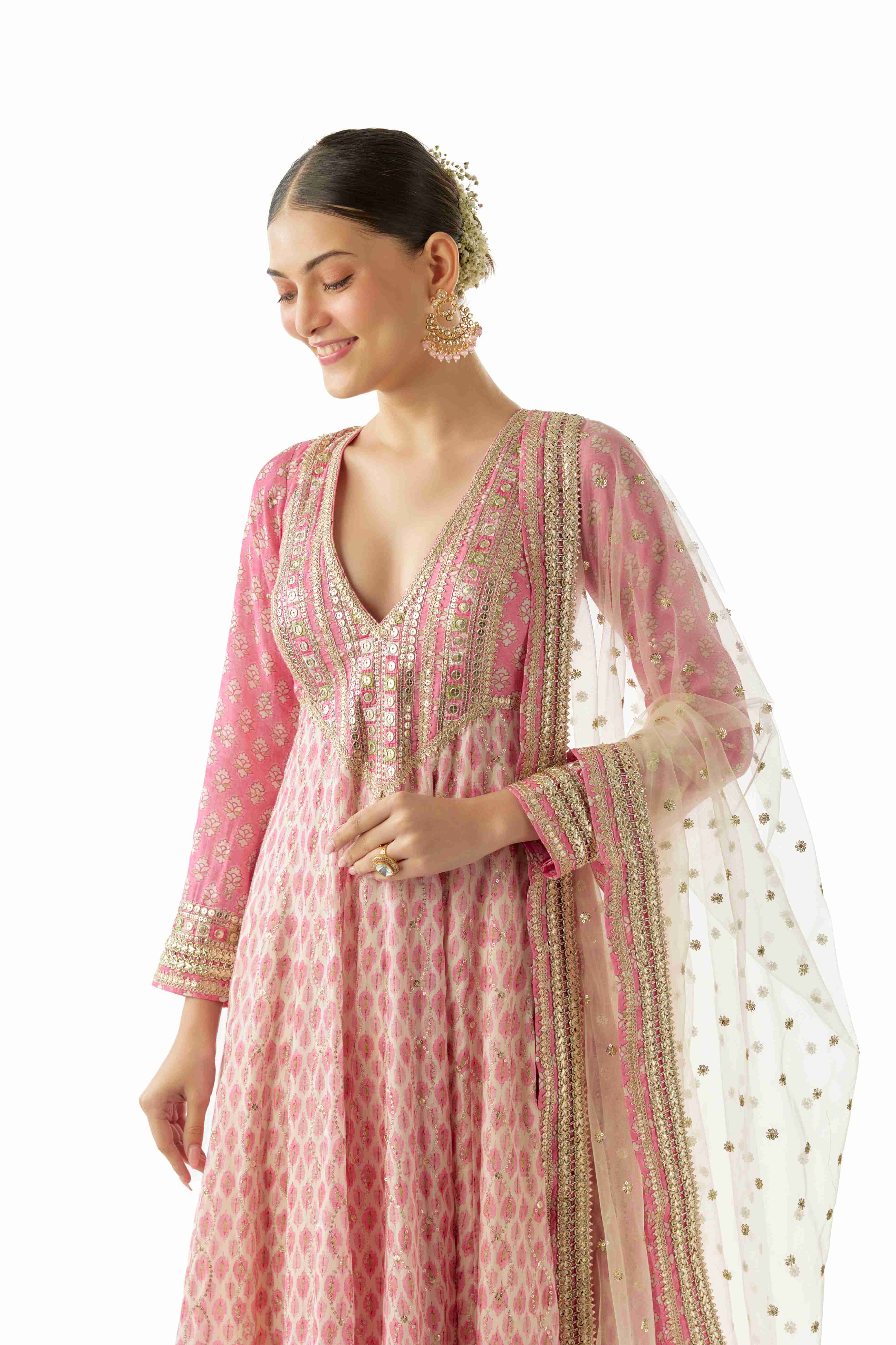 A model showcasing Prisha Pink Anarkali Set by Gopi Vaid from Gopi Vaid's collection