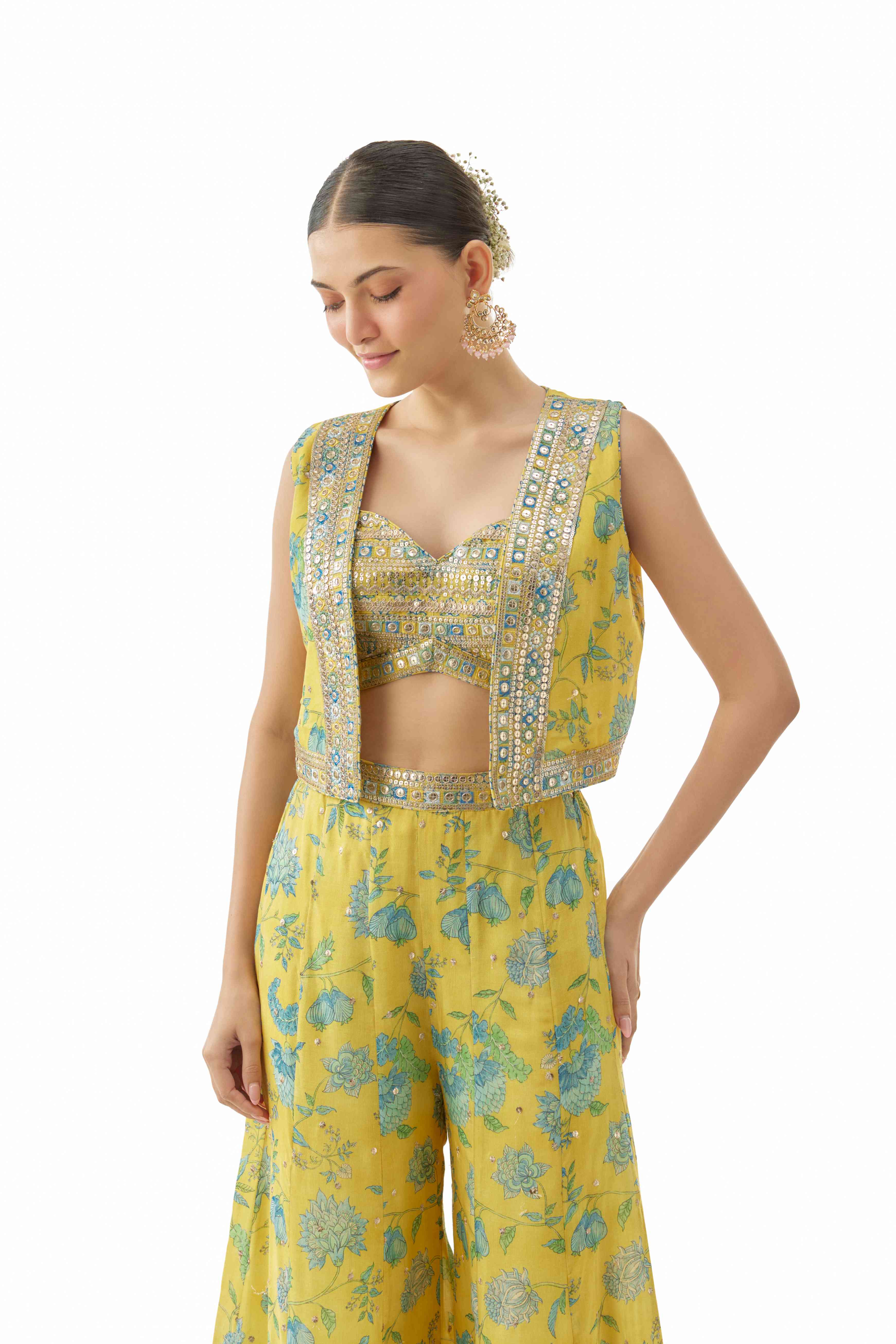 A model showcasing Tanisha Yellow Pants Set by Gopi Vaid from Gopi Vaid's collection