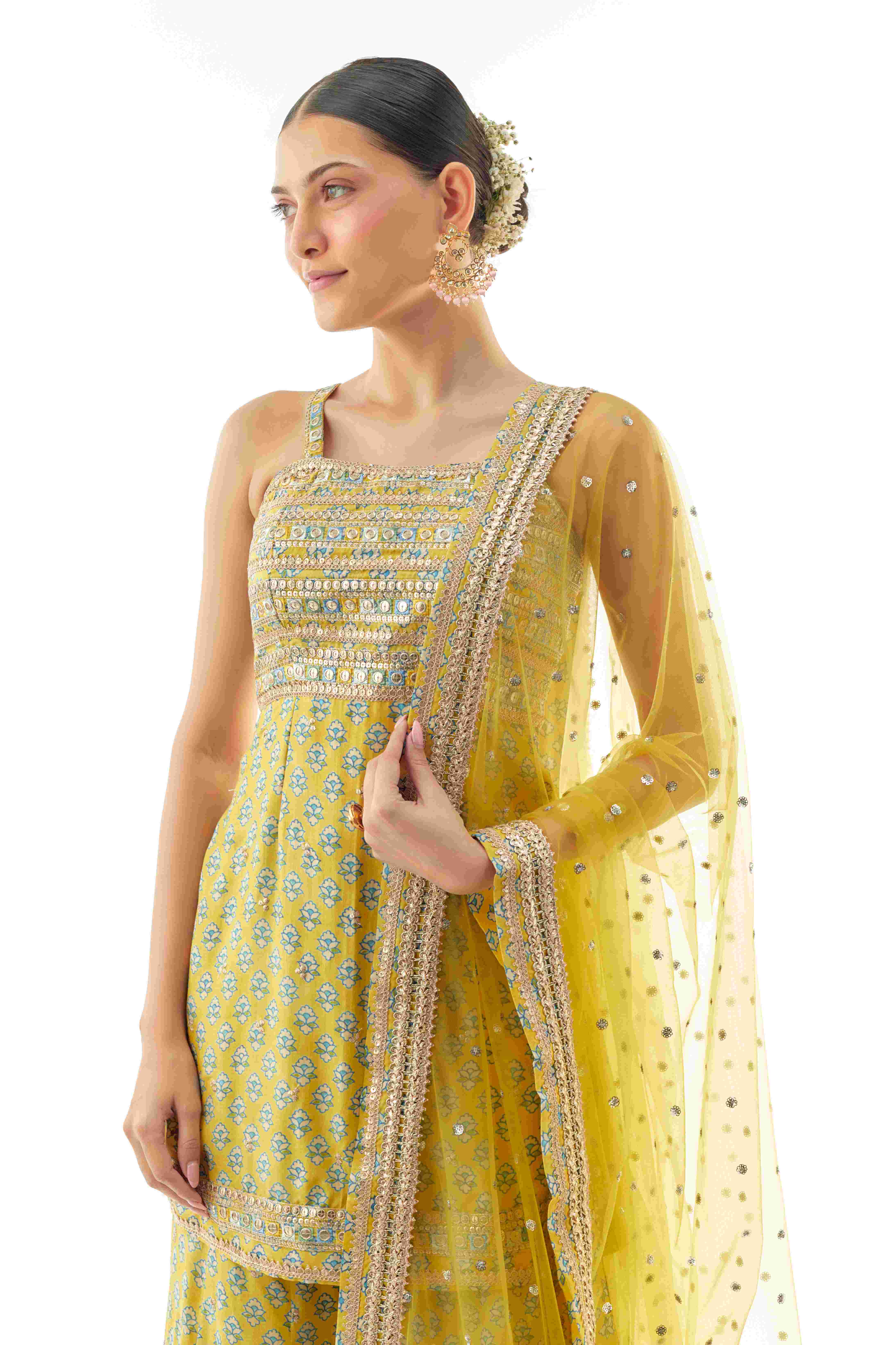 A model showcasing Nitya Cotton Silk Strappy Set by Gopi Vaid from Gopi Vaid's collection