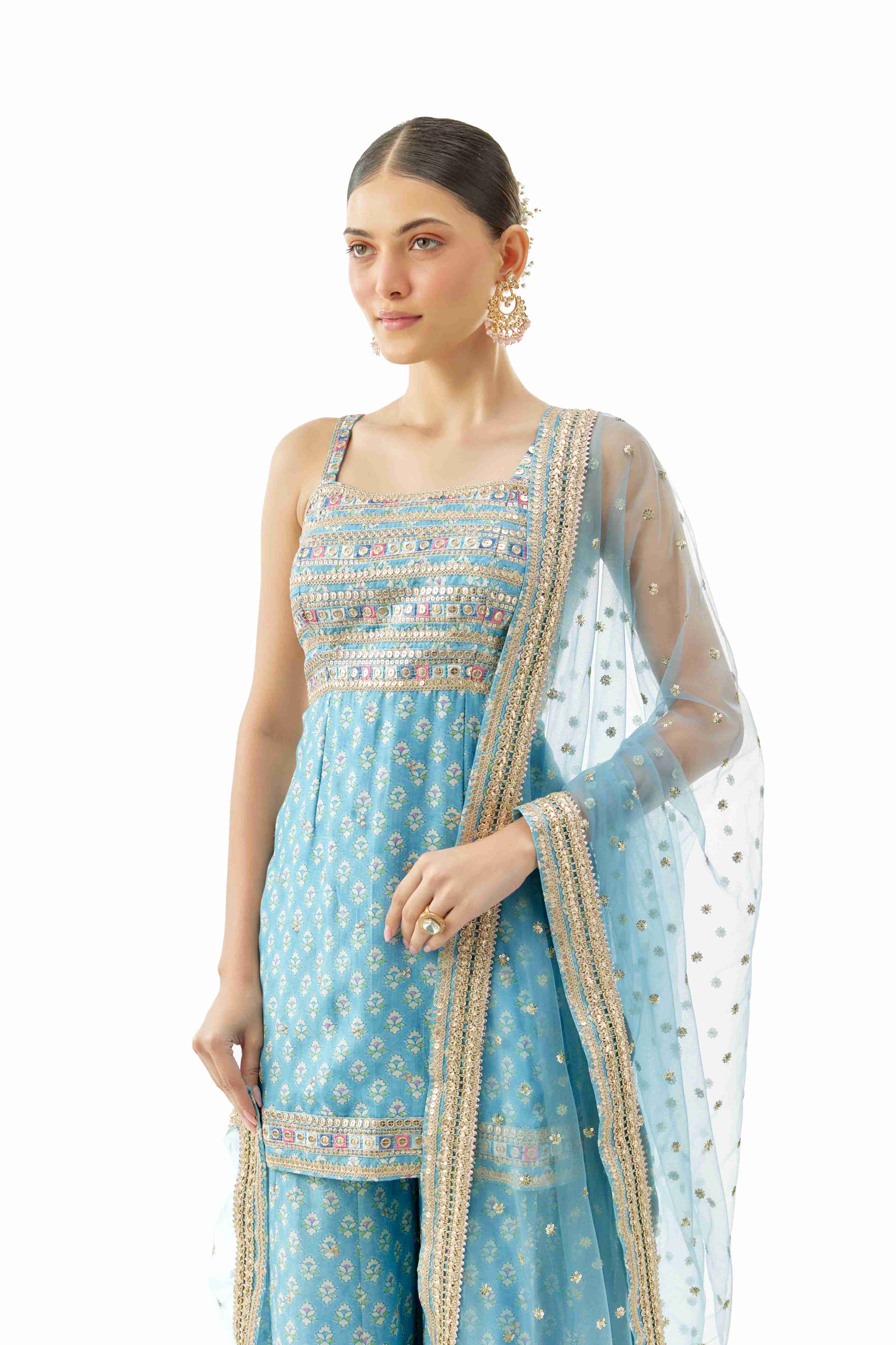 A model showcasing Nitya Blue Strappy Set by Gopi Vaid from Gopi Vaid's collection
