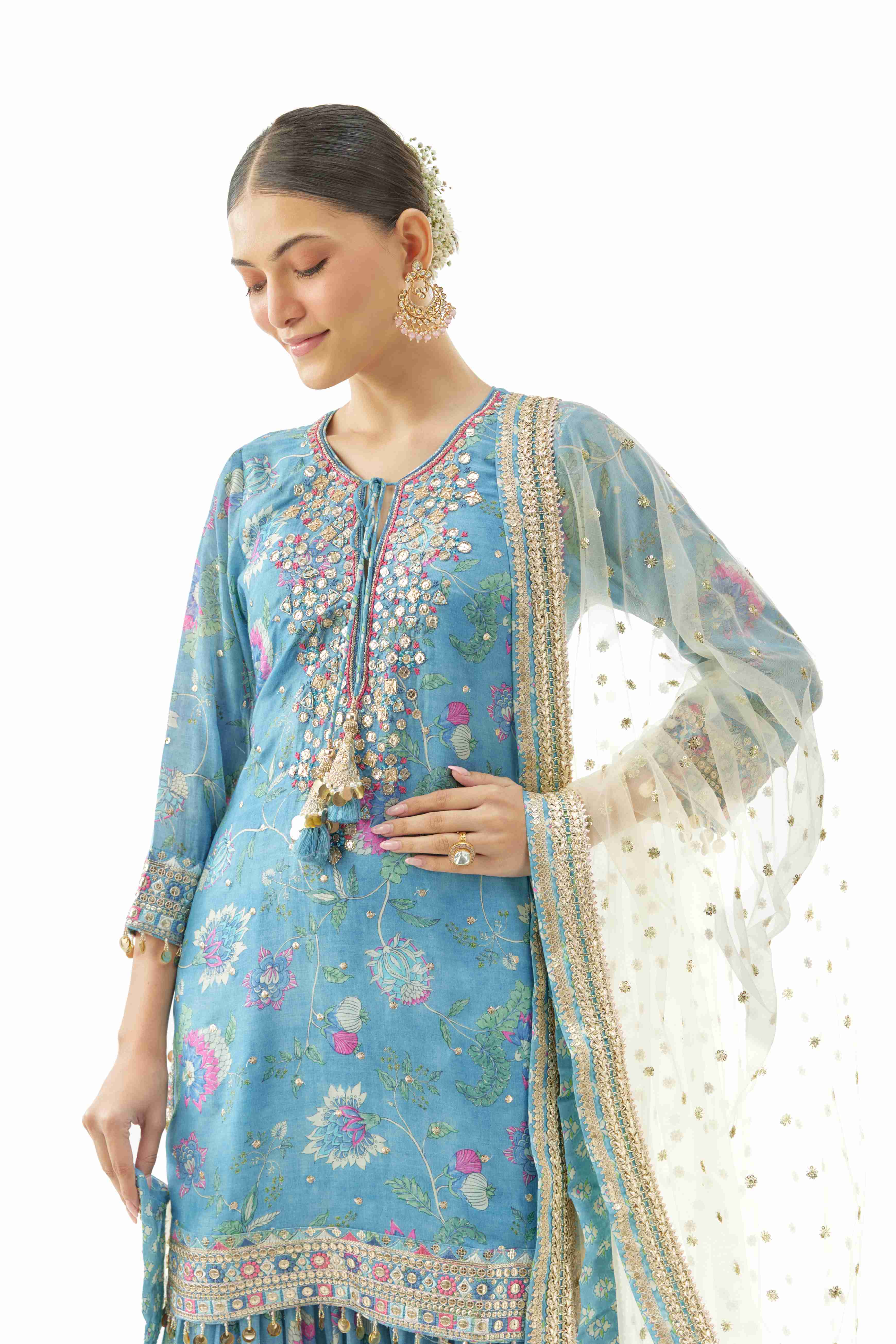 A model showcasing Niyati Cotton Silk Sharara Set by Gopi Vaid from Gopi Vaid's collection