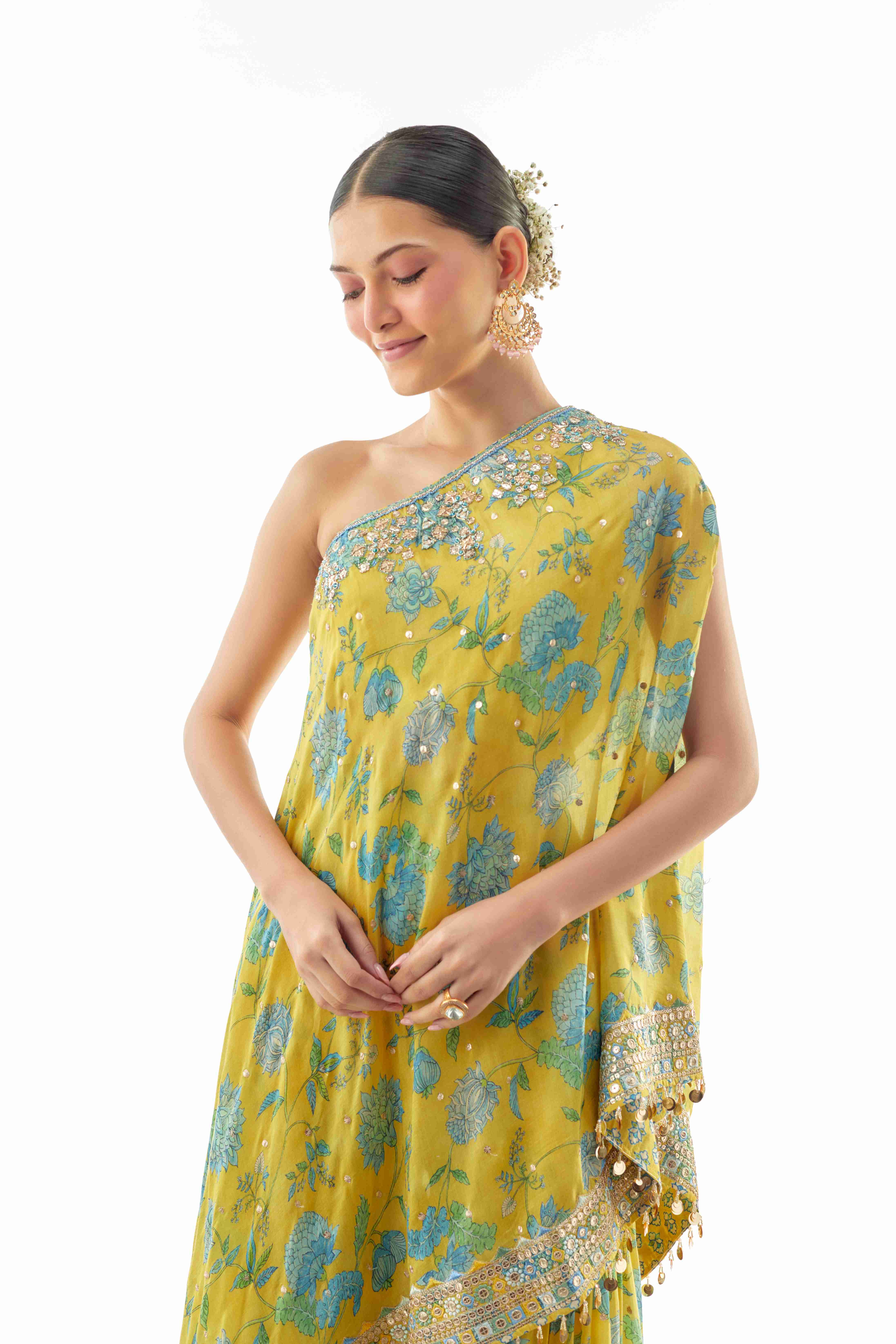 A model showcasing Sumedha One Shoulder Sharara Set by Gopi Vaid from Gopi Vaid's collection