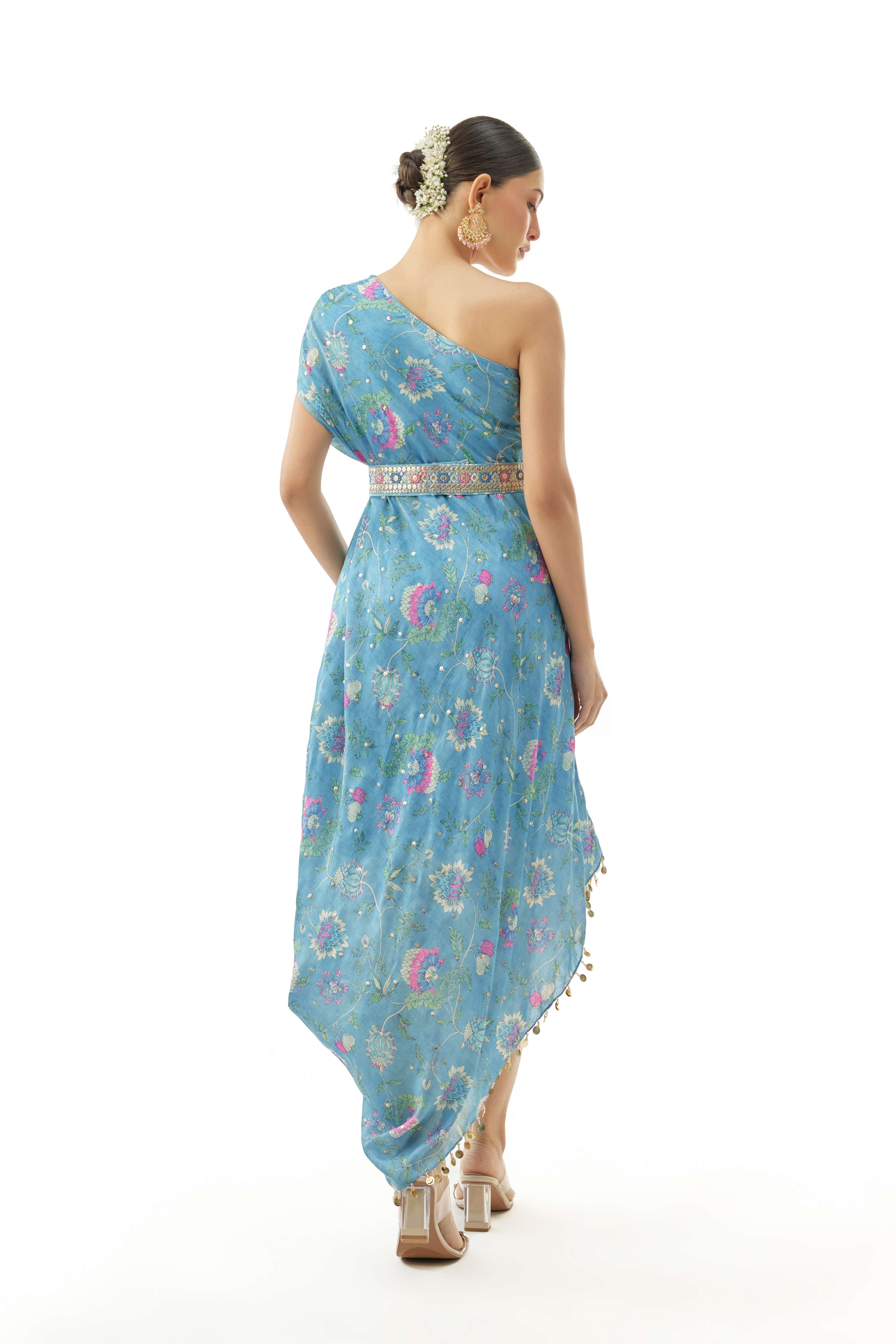A model showcasing Clo One Shoulder Dress by Gopi Vaid from Gopi Vaid's collection