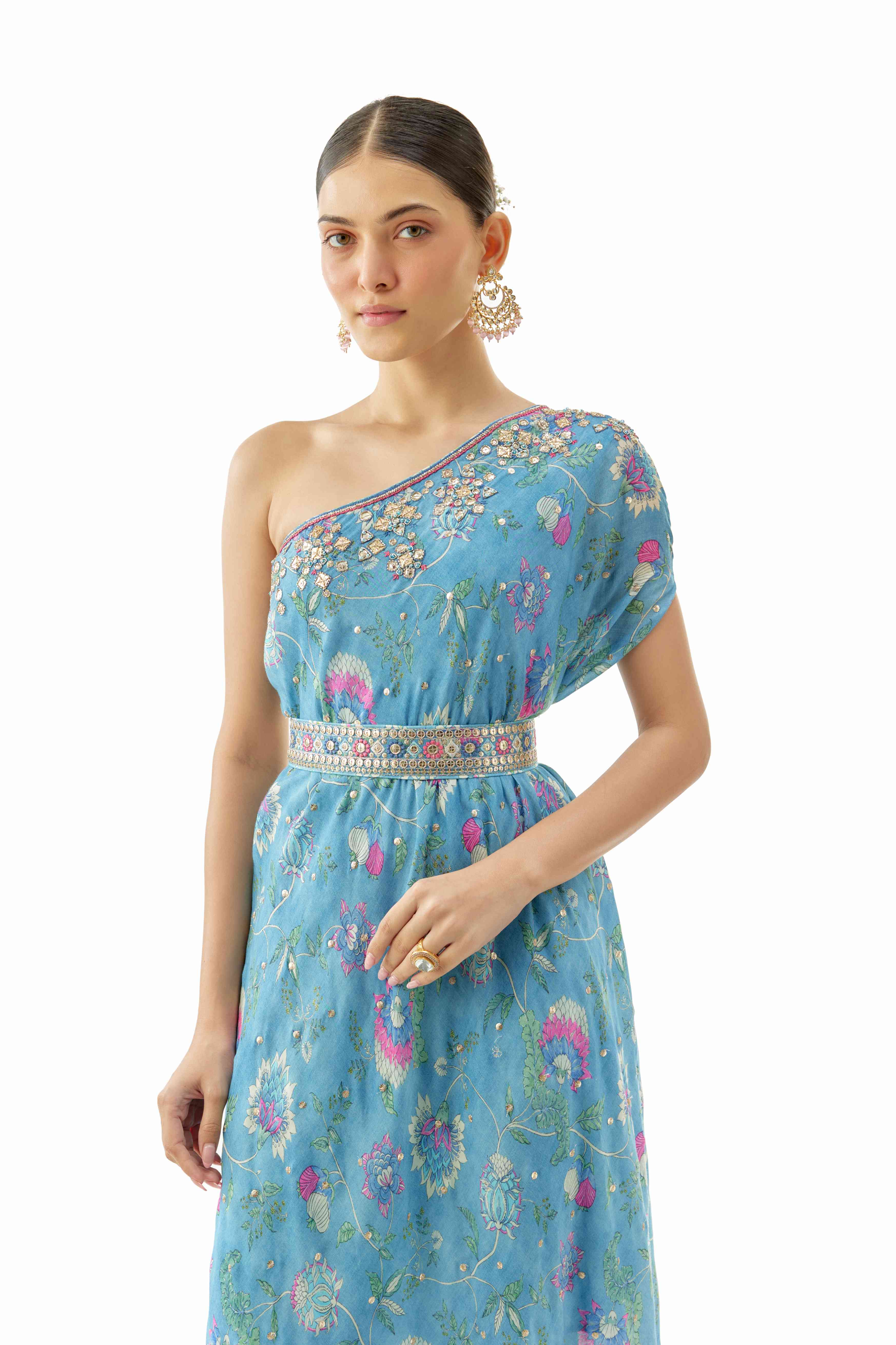 A model showcasing Clo One Shoulder Dress by Gopi Vaid from Gopi Vaid's collection