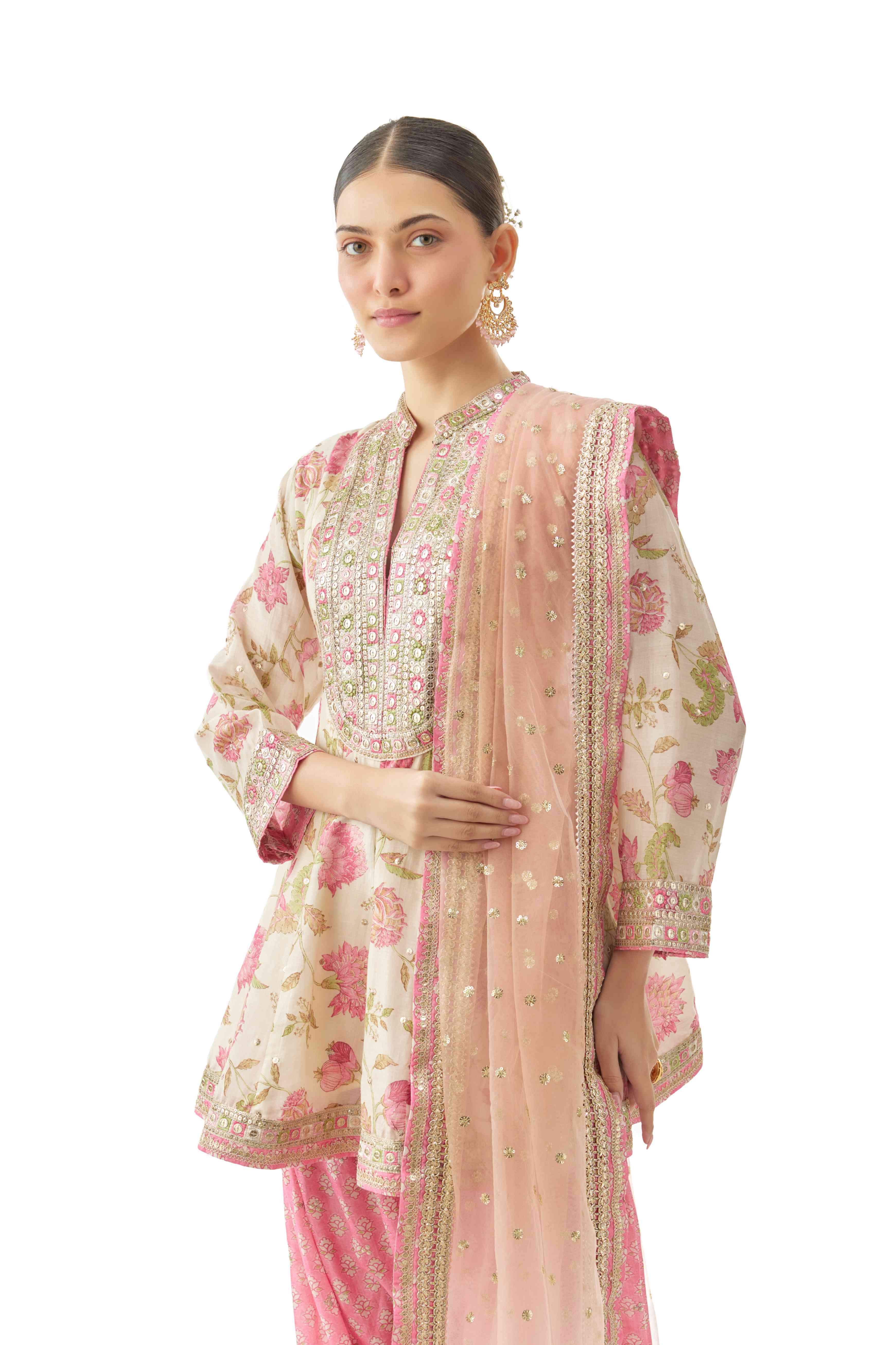 A model showcasing Priyagini Pink Ag Set by Gopi Vaid from Gopi Vaid's collection