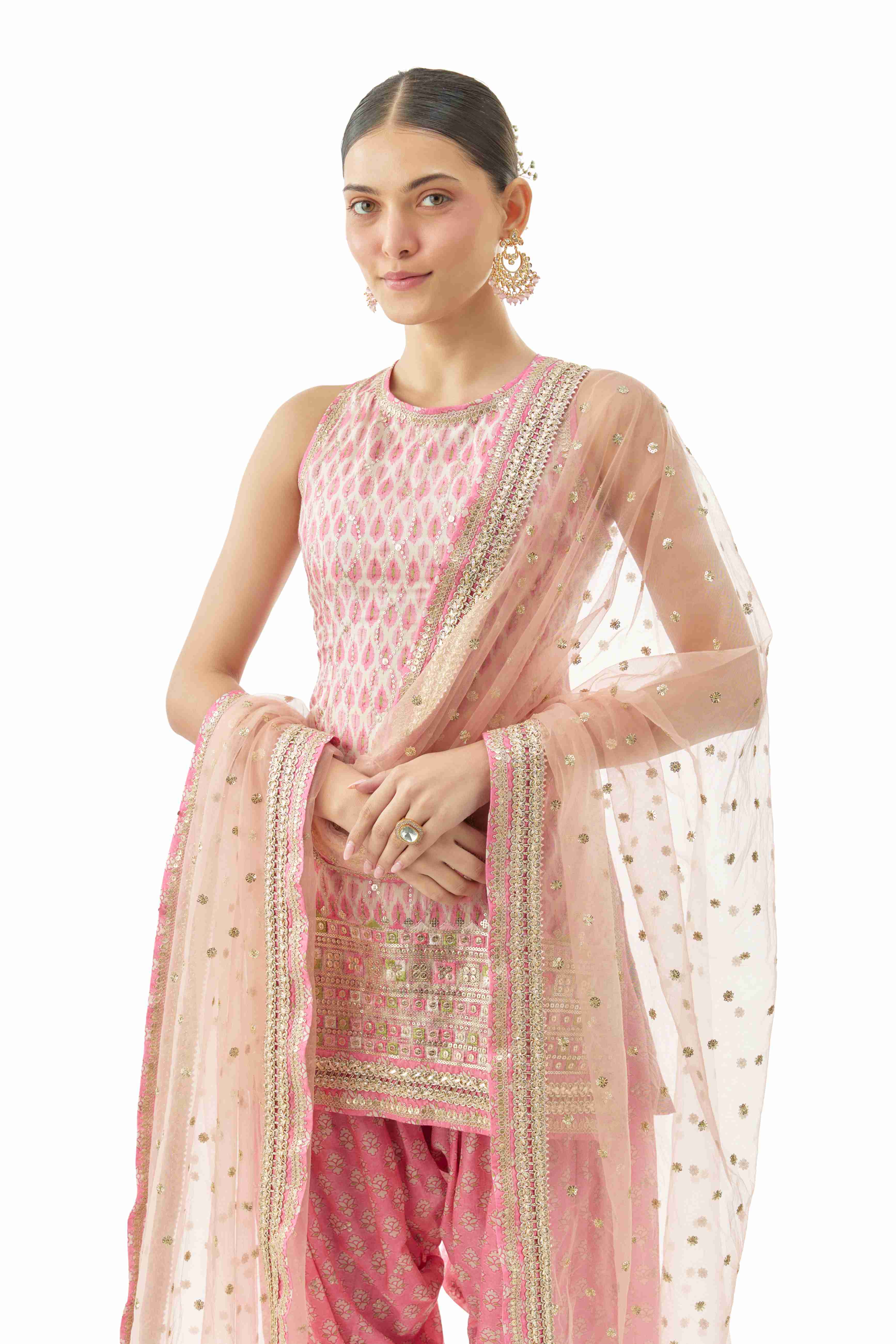 A model showcasing Nandini Kurta With Farshi Salwar Set by Gopi Vaid from Gopi Vaid's collection
