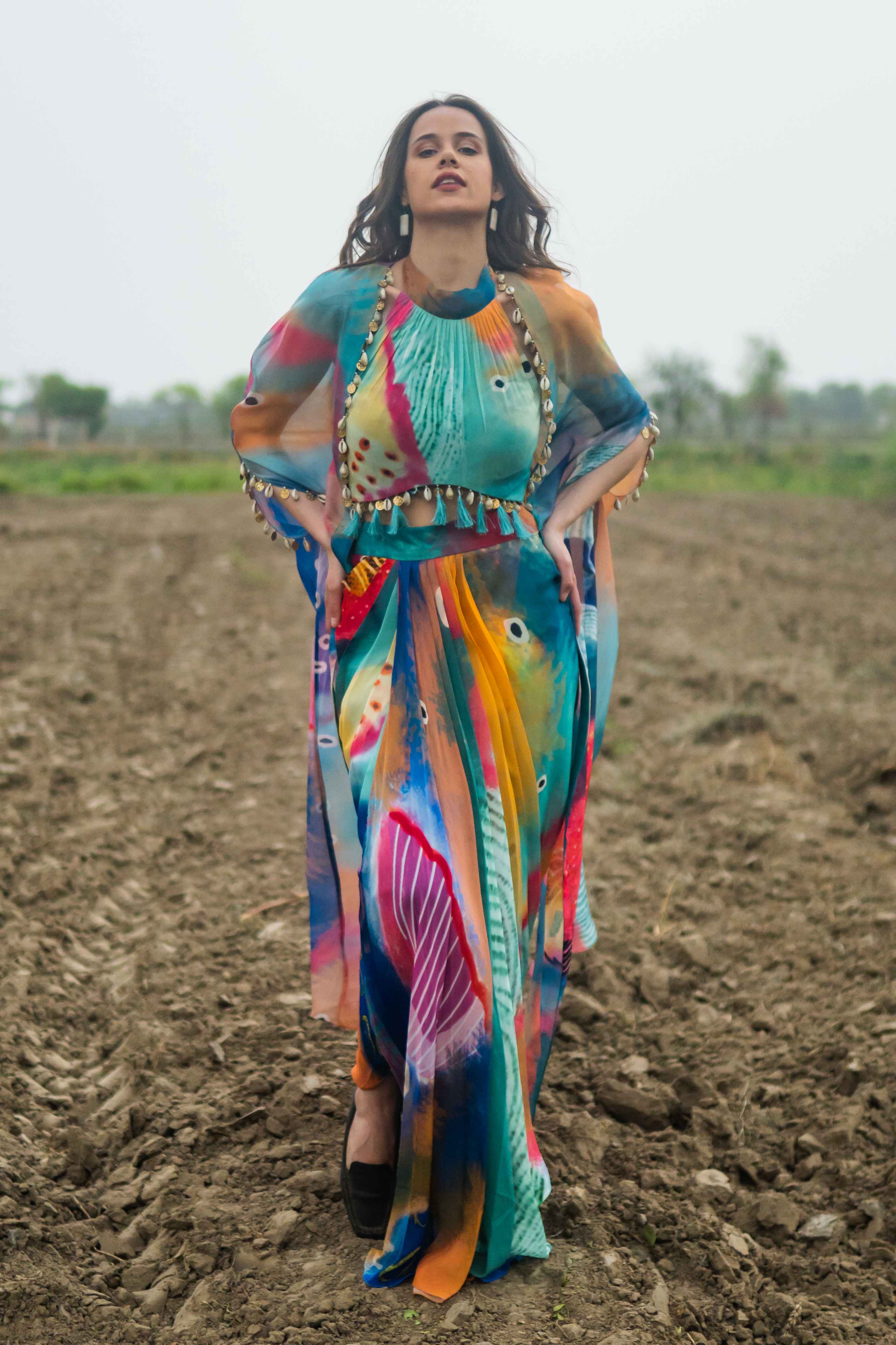 A model showcasing Boheme Daze Cape Set Feature image by Miku Kumar from Miku Kumar's collection