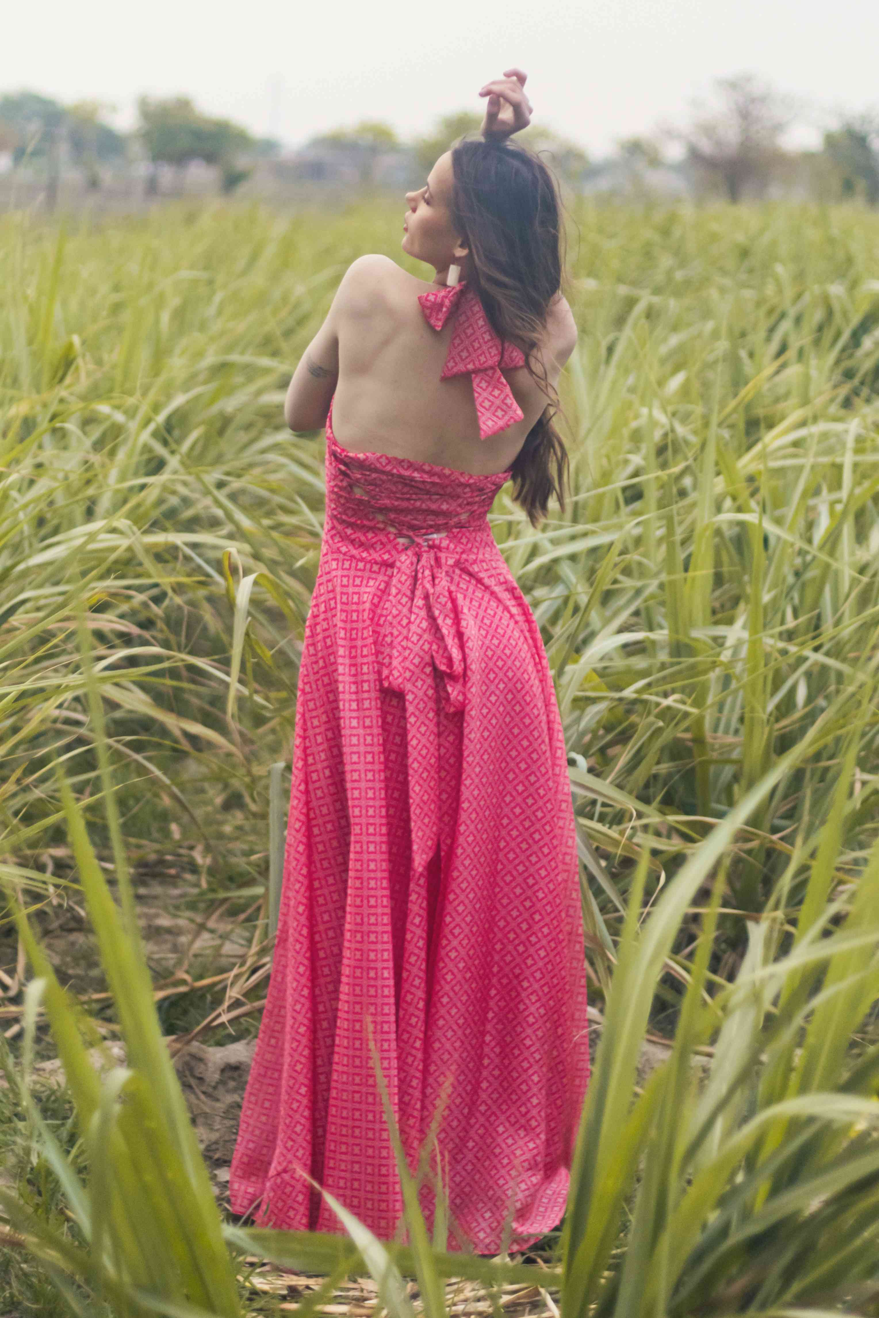 A model showcasing Ibiza Noon Maxi Dres by Miku Kumar from Miku Kumar's collection