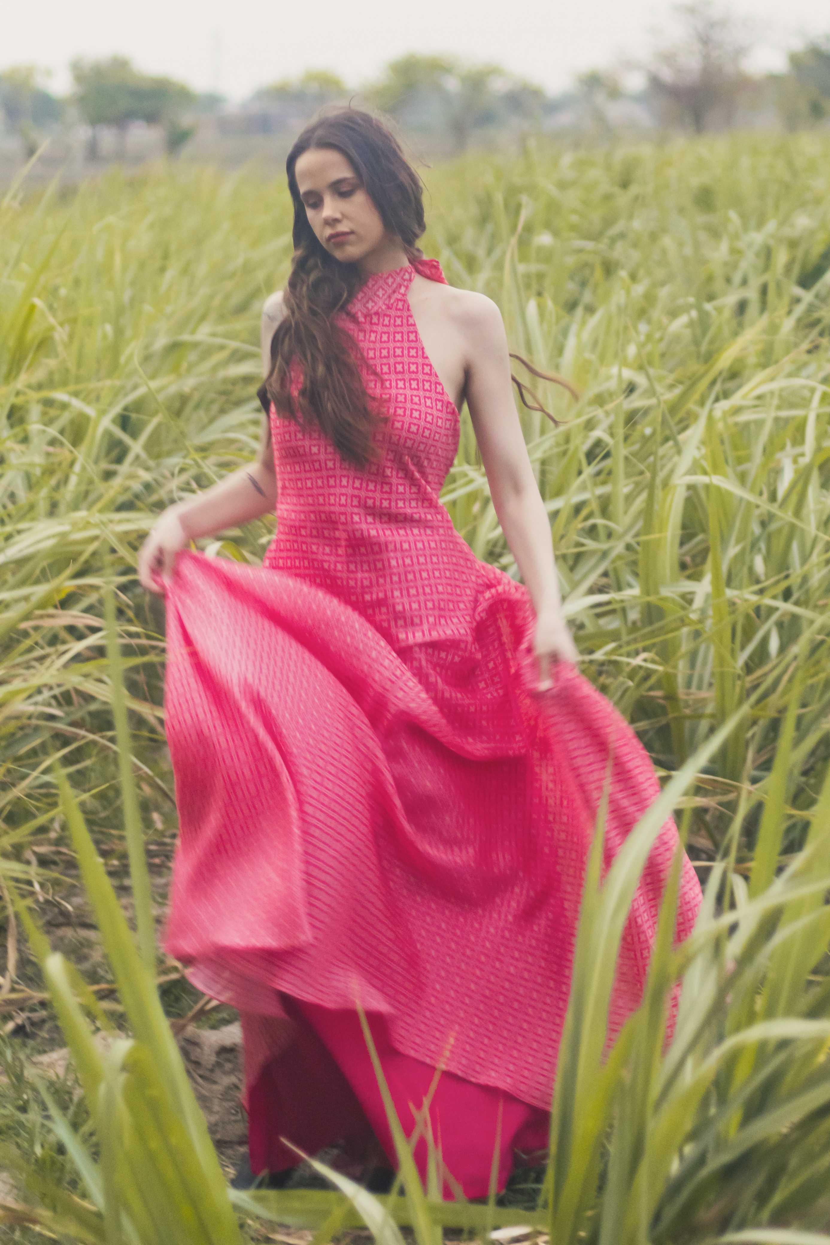A model showcasing Ibiza Noon Maxi Dres by Miku Kumar from Miku Kumar's collection