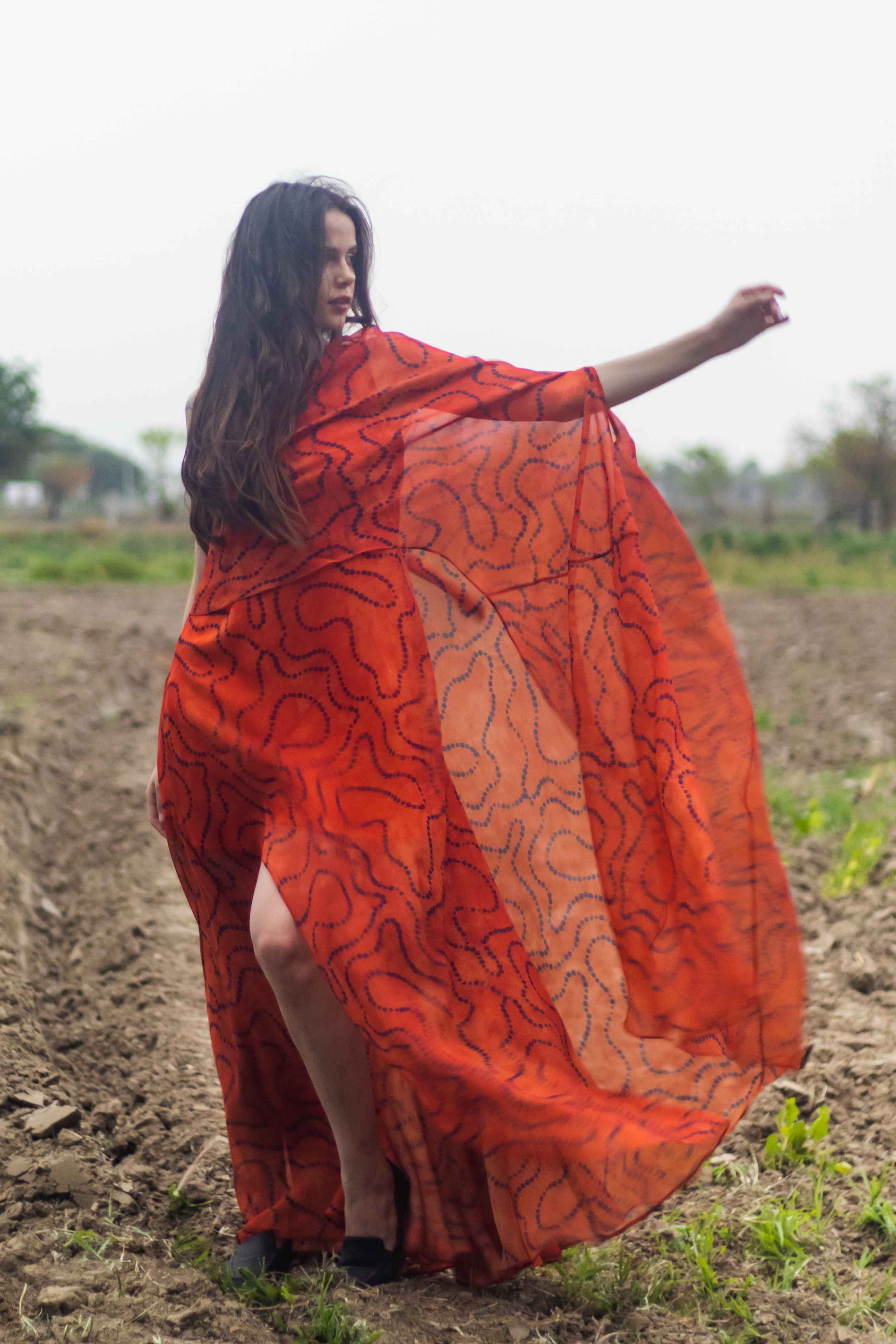 A model showcasing Gypsy Moonrise Kaftan Dress by Miku Kumar from Miku Kumar's collection
