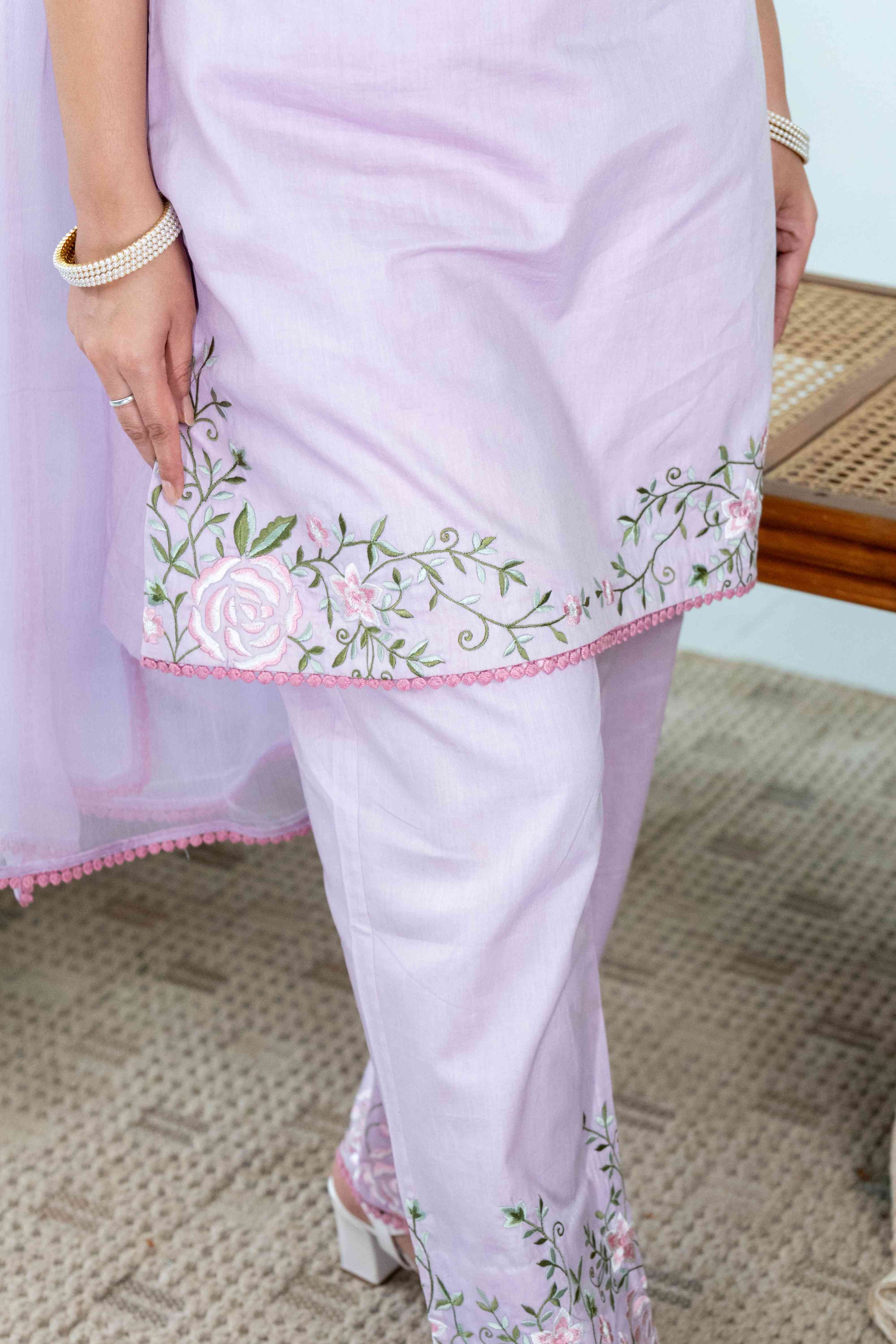 A model showcasing Vishnukantha Lavender Kurta Set by Gaamya from Gaamya's collection