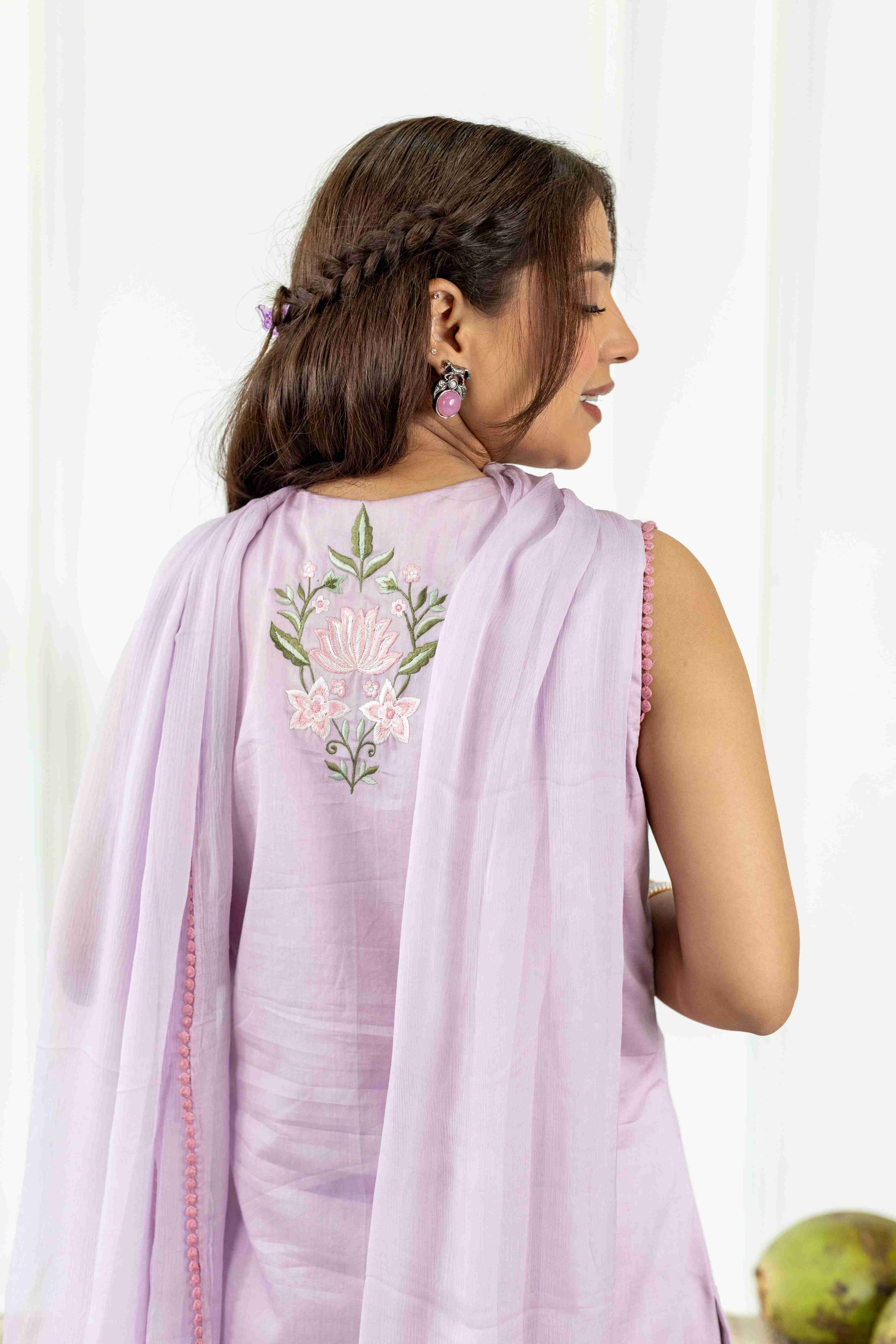 A model showcasing Vishnukantha Lavender Kurta Set by Gaamya from Gaamya's collection