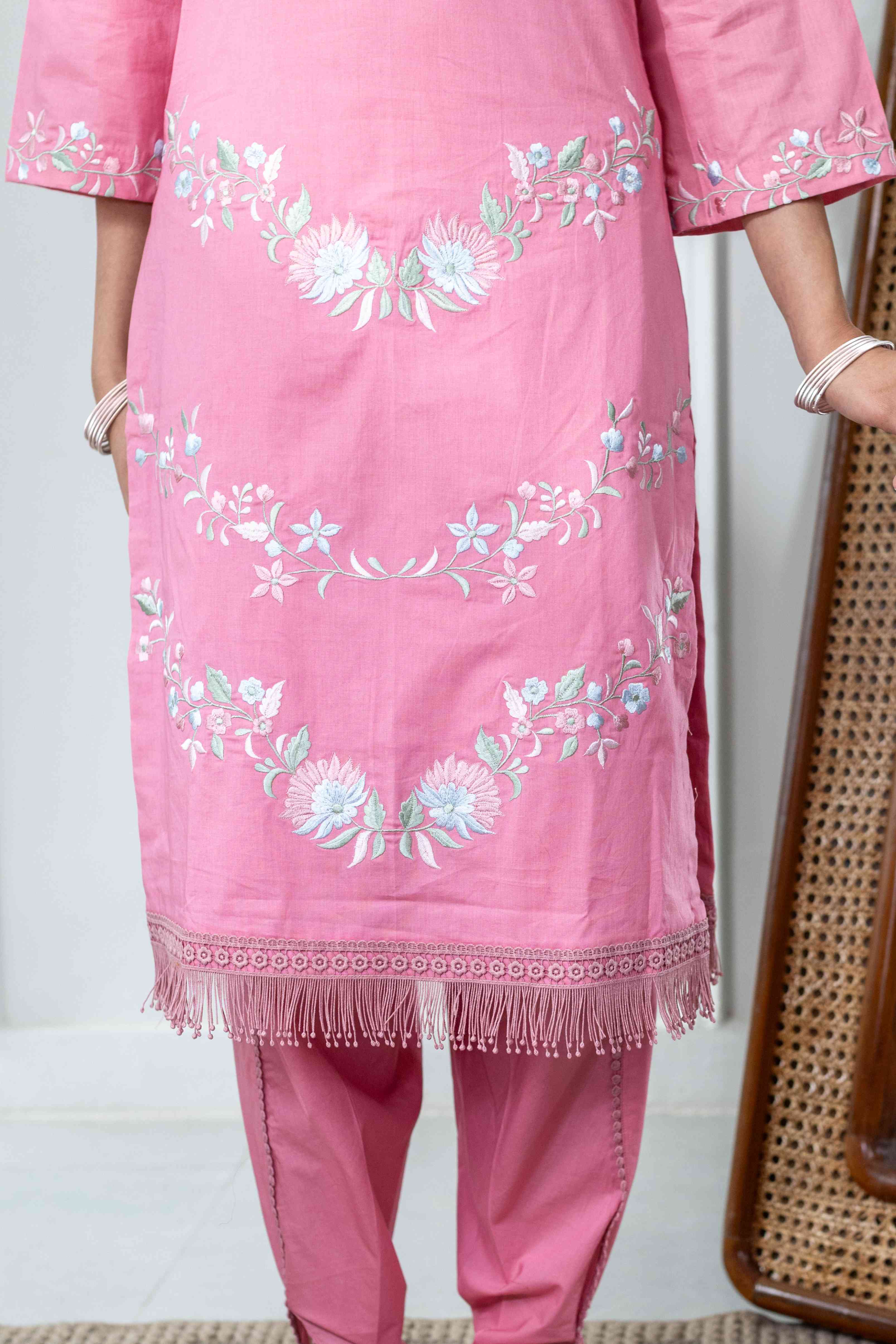 A model showcasing Dahlia Pink Dhoti Set by Gaamya from Gaamya's collection