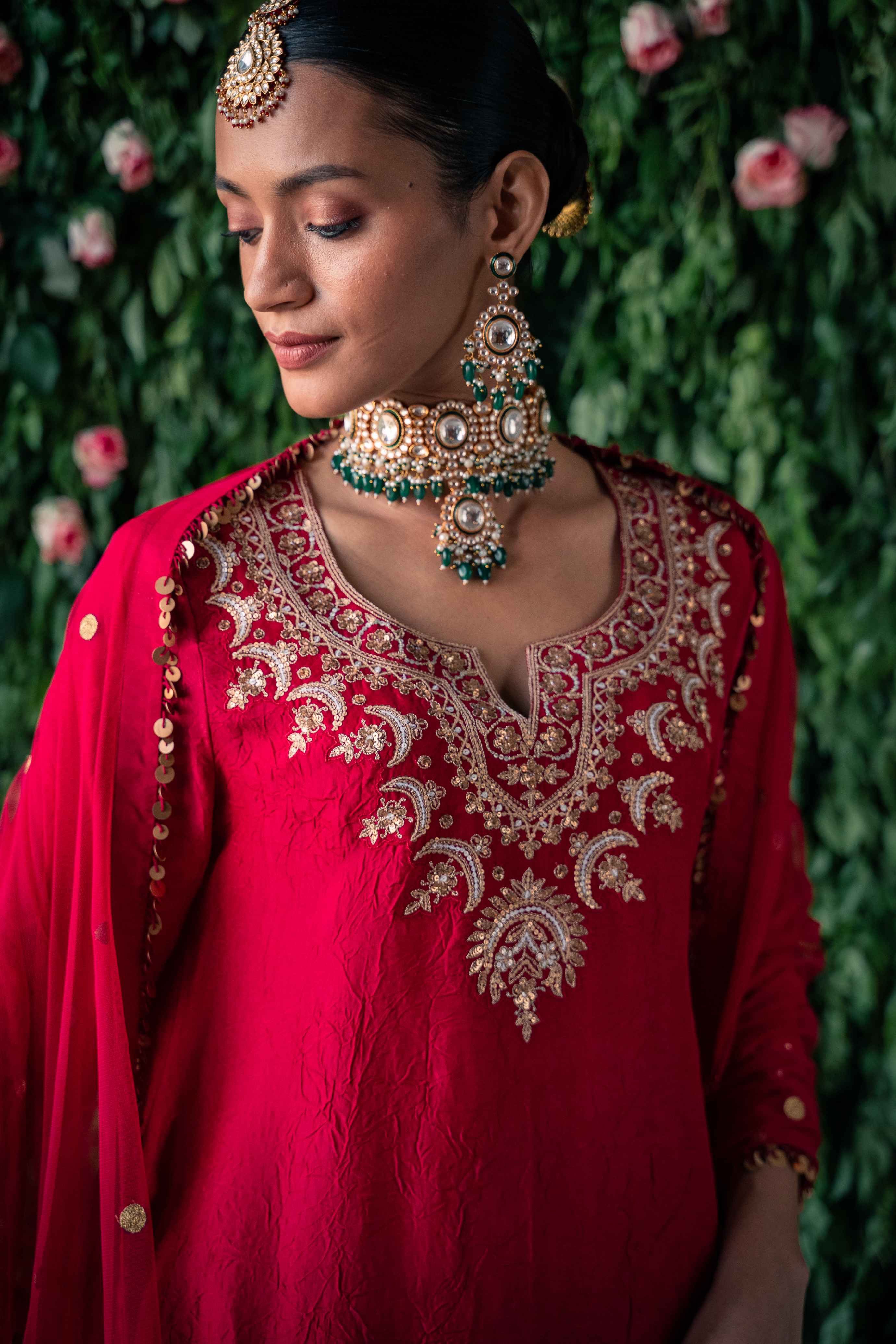 A model showcasing Red Silk Kurta Set by Pooja Singhal from Pooja Singhal's collection