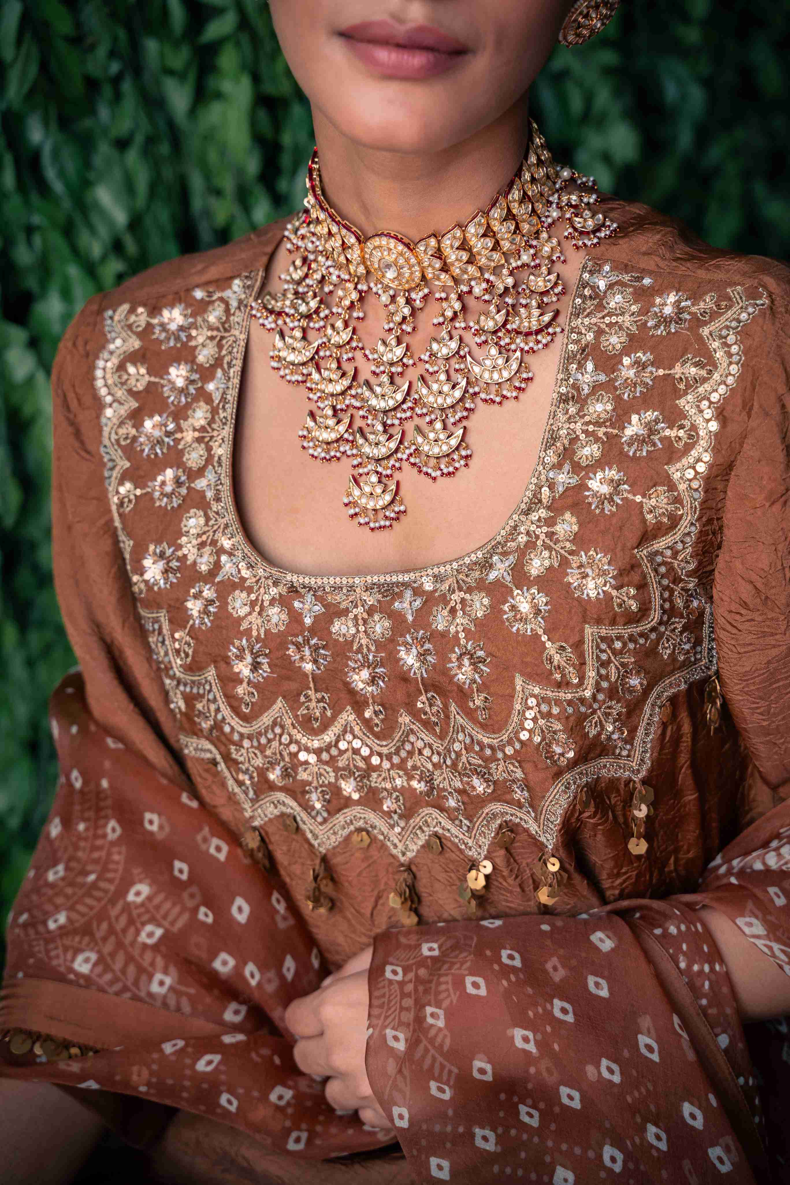 A model showcasing Brown Embroidered Crushed Silk Kurta Set by Pooja Singhal from Pooja Singhal's collection
