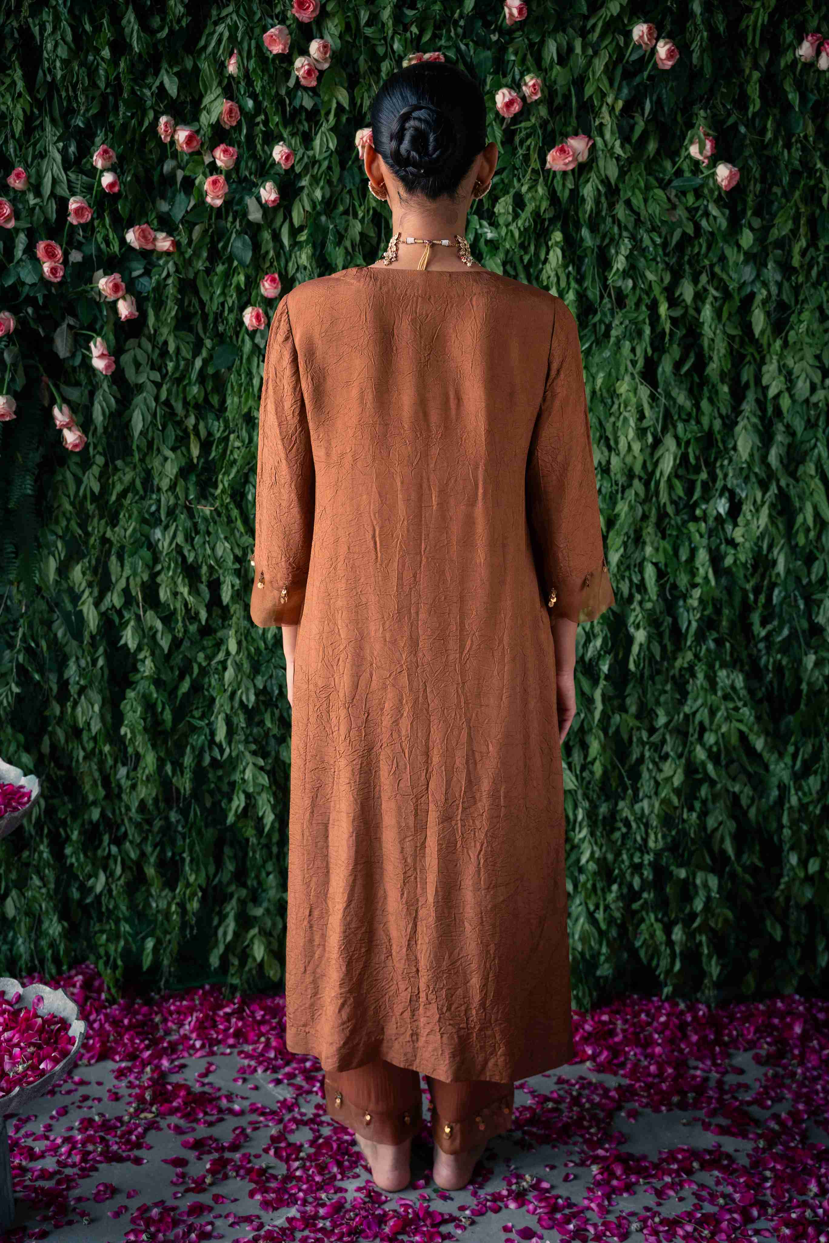 A model showcasing Brown Embroidered Crushed Silk Kurta Set by Pooja Singhal from Pooja Singhal's collection