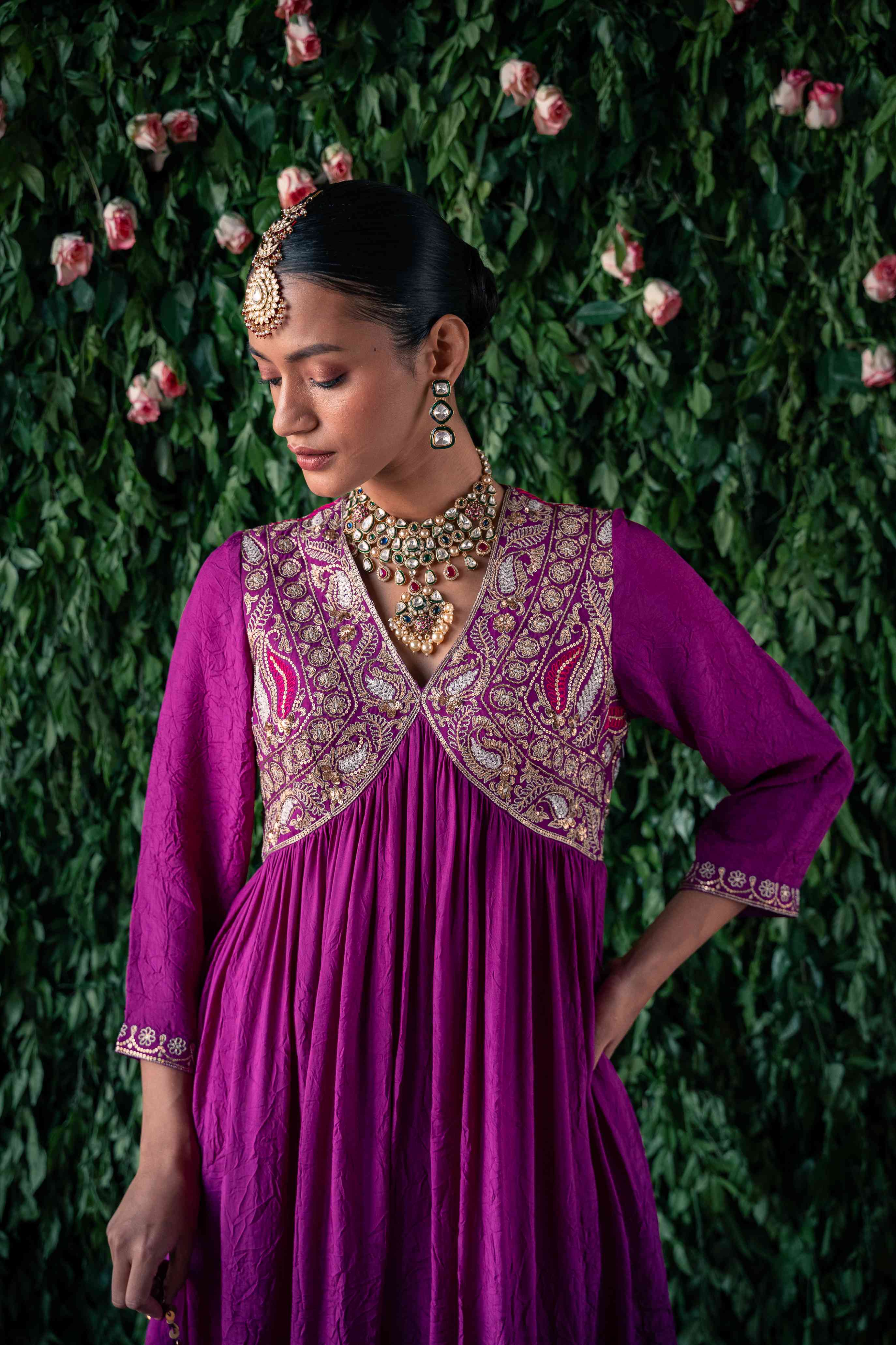 A model showcasing Mauve Kamal Crushed Silk Kurta Set by Pooja Singhal from Pooja Singhal's collection