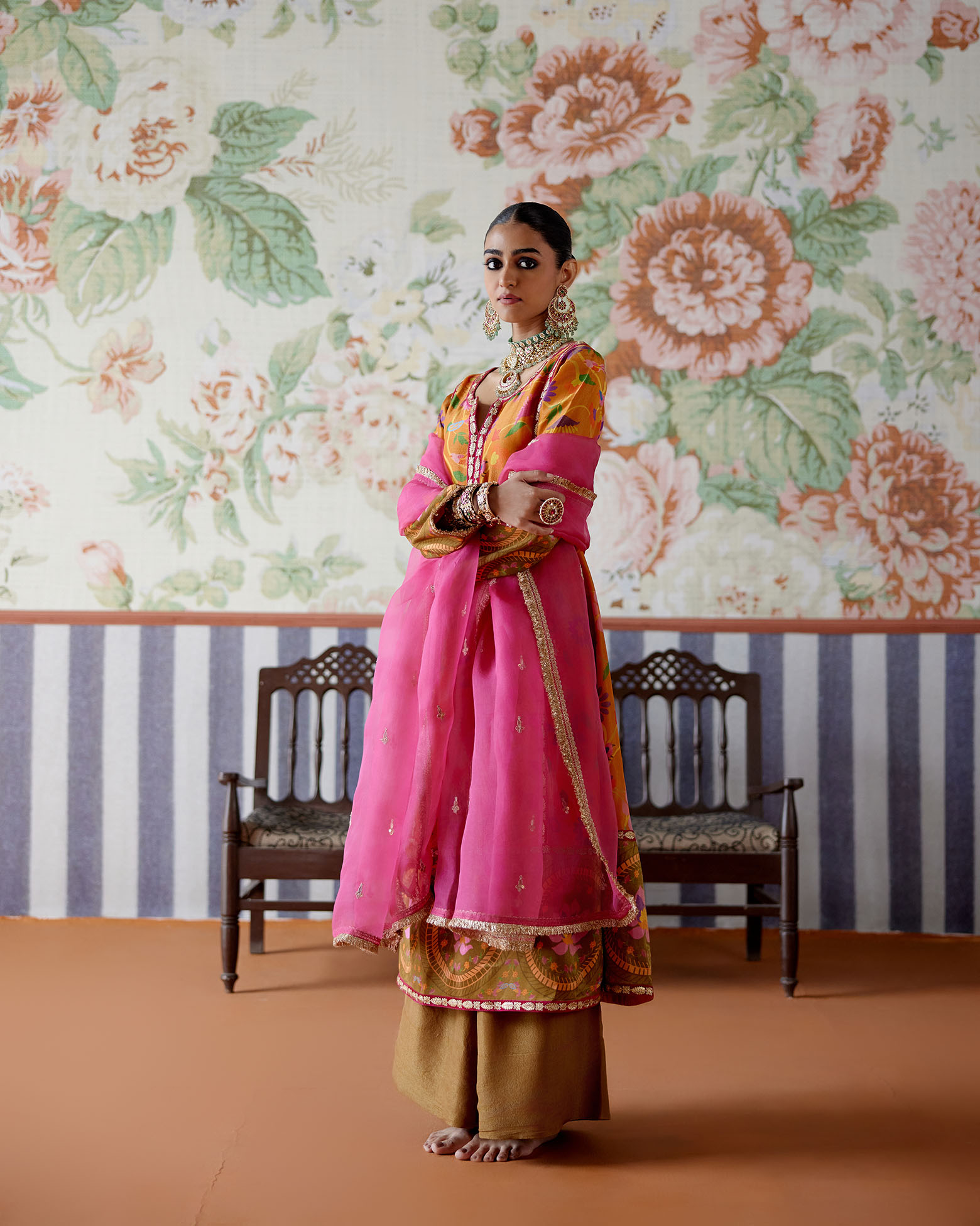 A model showcasing Orange Paithani Print Kurta Set by Pooja Singhal from Pooja Singhal's collection