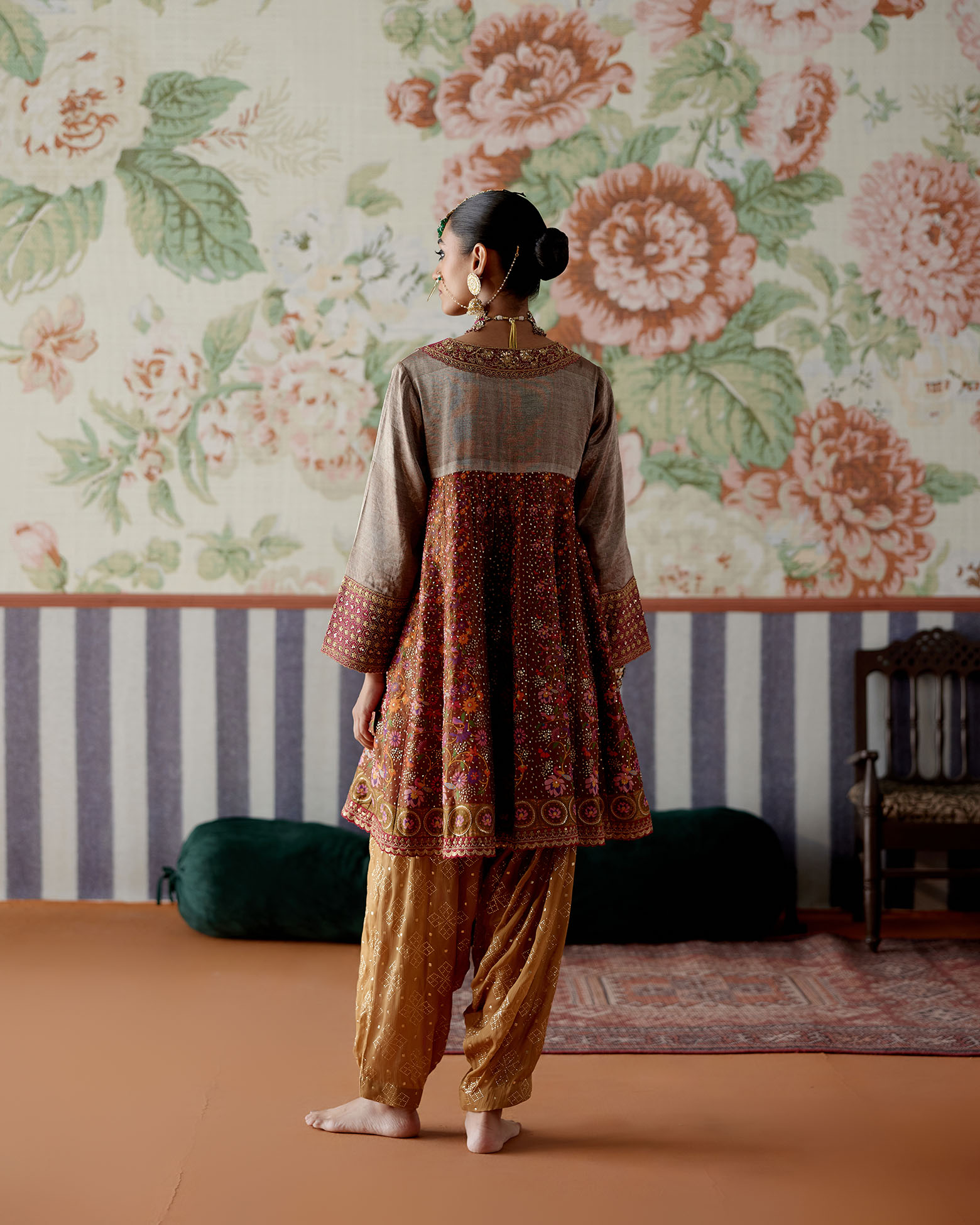 A model showcasing Brown Anarkali Style With Dhoti Pants by Pooja Singhal from Pooja Singhal's collection