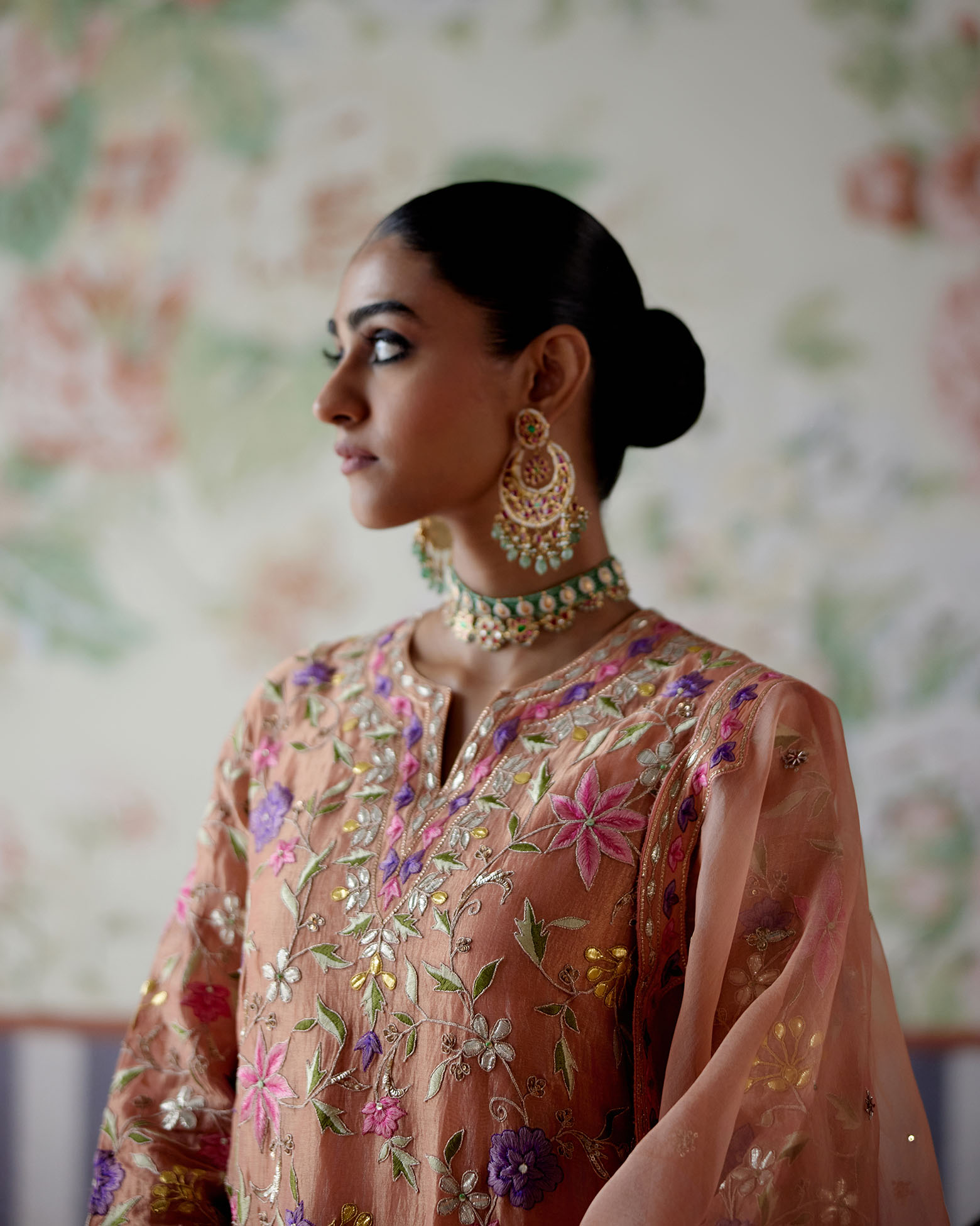 A model showcasing Tissue Kurta With Crushed Inner And Churidaar Pants by Pooja Singhal from Pooja Singhal's collection