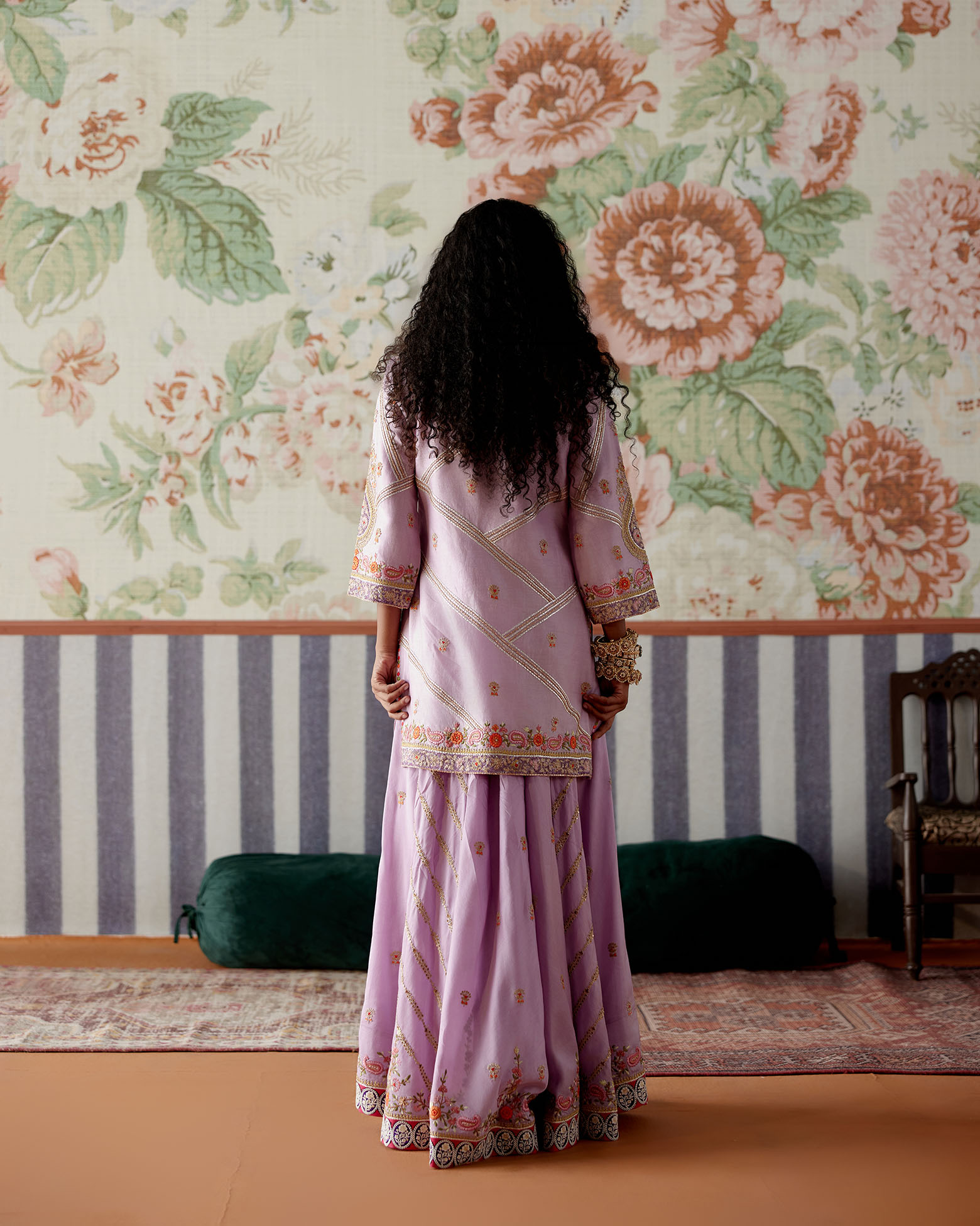 A model showcasing Lavender Chanderi Sharara Set by Pooja Singhal from Pooja Singhal's collection