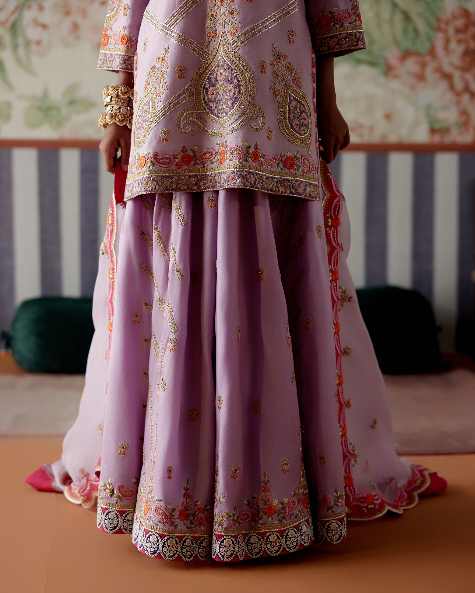 A model showcasing Lavender Chanderi Sharara Set by Pooja Singhal from Pooja Singhal's collection