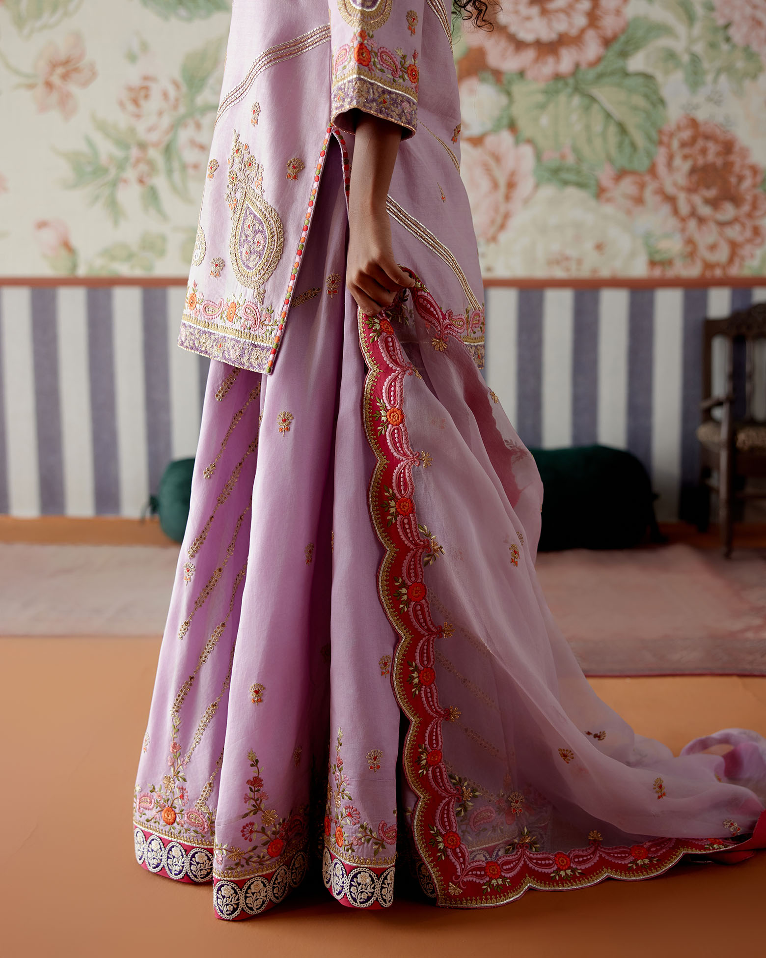A model showcasing Lavender Chanderi Sharara Set by Pooja Singhal from Pooja Singhal's collection