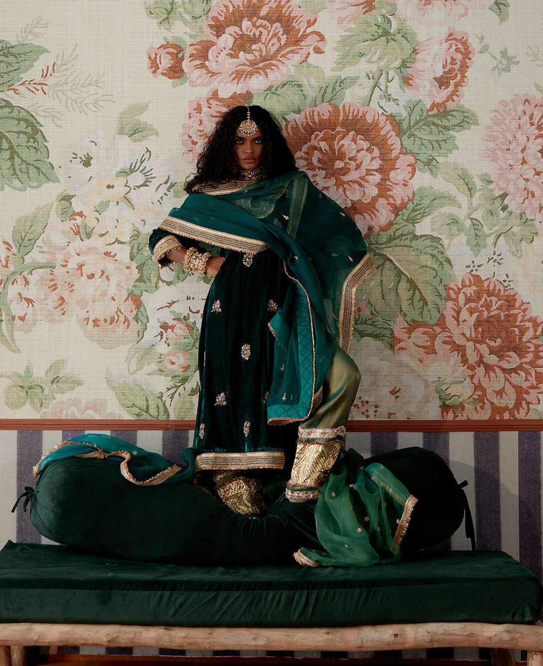 A model showcasing Teal Velvet Kurta Set by Pooja Singhal from Pooja Singhal's collection