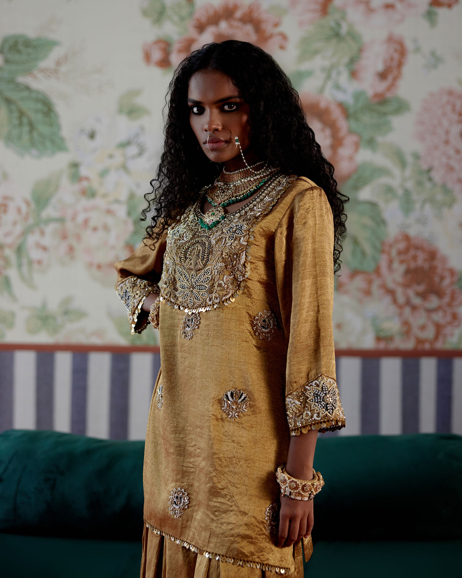 A model showcasing Gold Tissue Kurta Set by Pooja Singhal from Pooja Singhal's collection