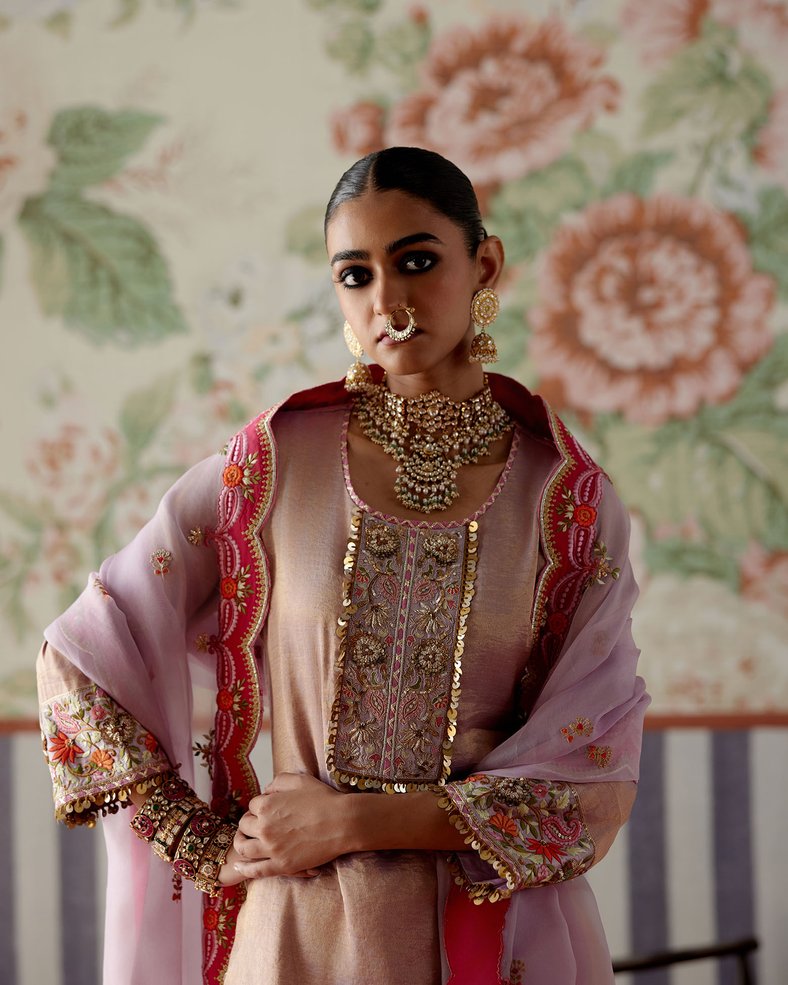 A model showcasing Lavender Tisuue And Banarasi Chanderi Kurta Set by Pooja Singhal from Pooja Singhal's collection