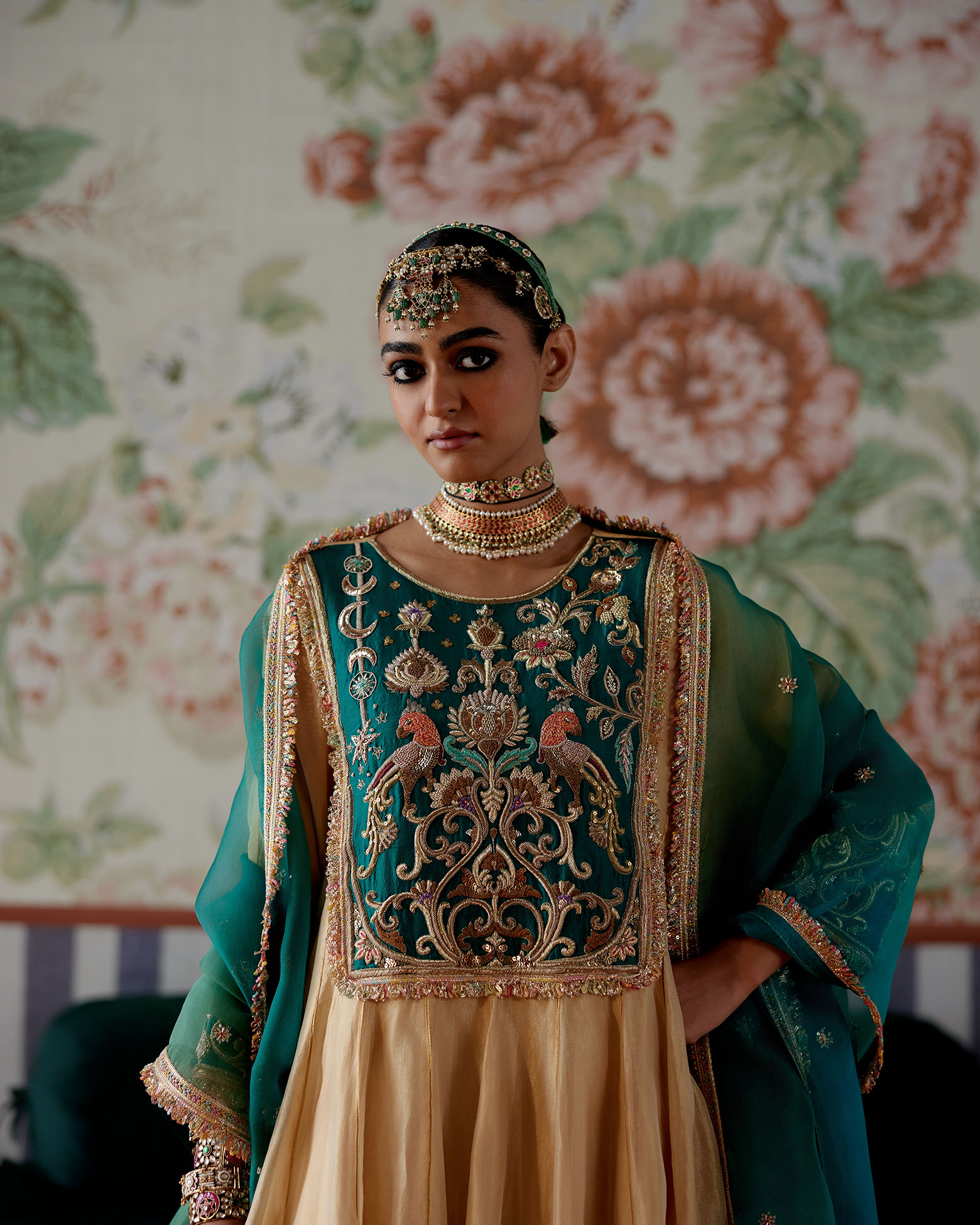 A model showcasing Gold Embroidered Kurta Set by Pooja Singhal from Pooja Singhal's collection