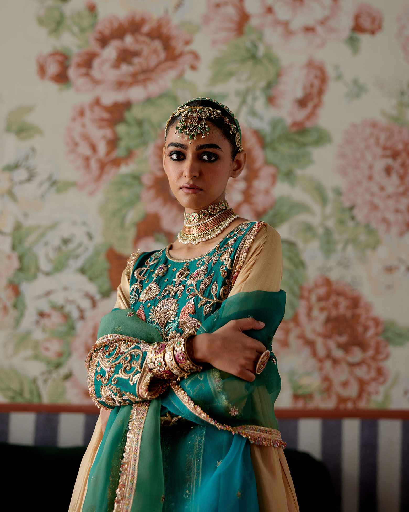 A model showcasing Gold Embroidered Kurta Set by Pooja Singhal from Pooja Singhal's collection