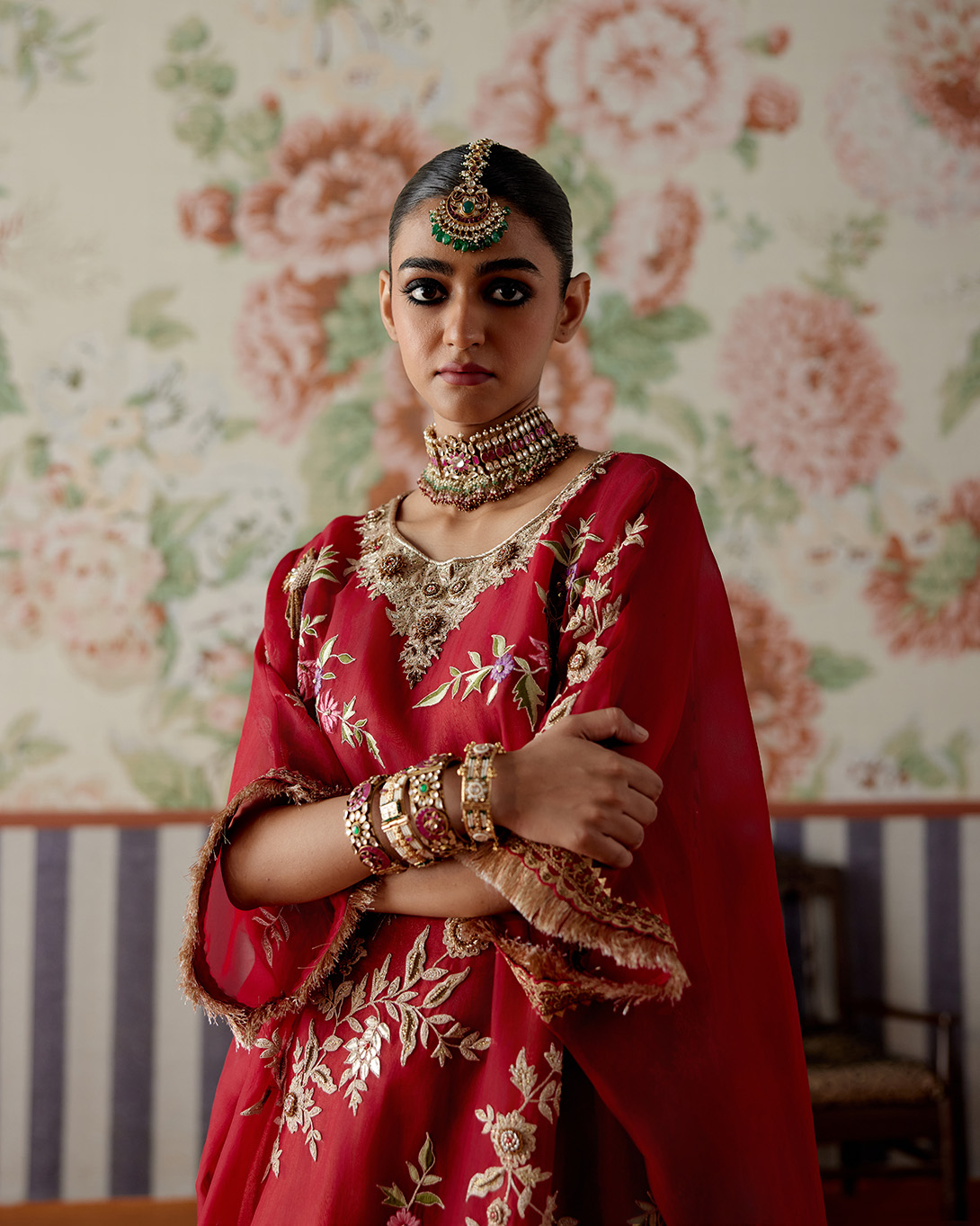 A model showcasing Maroon Kaftan Kurta Set by Pooja Singhal from Pooja Singhal's collection