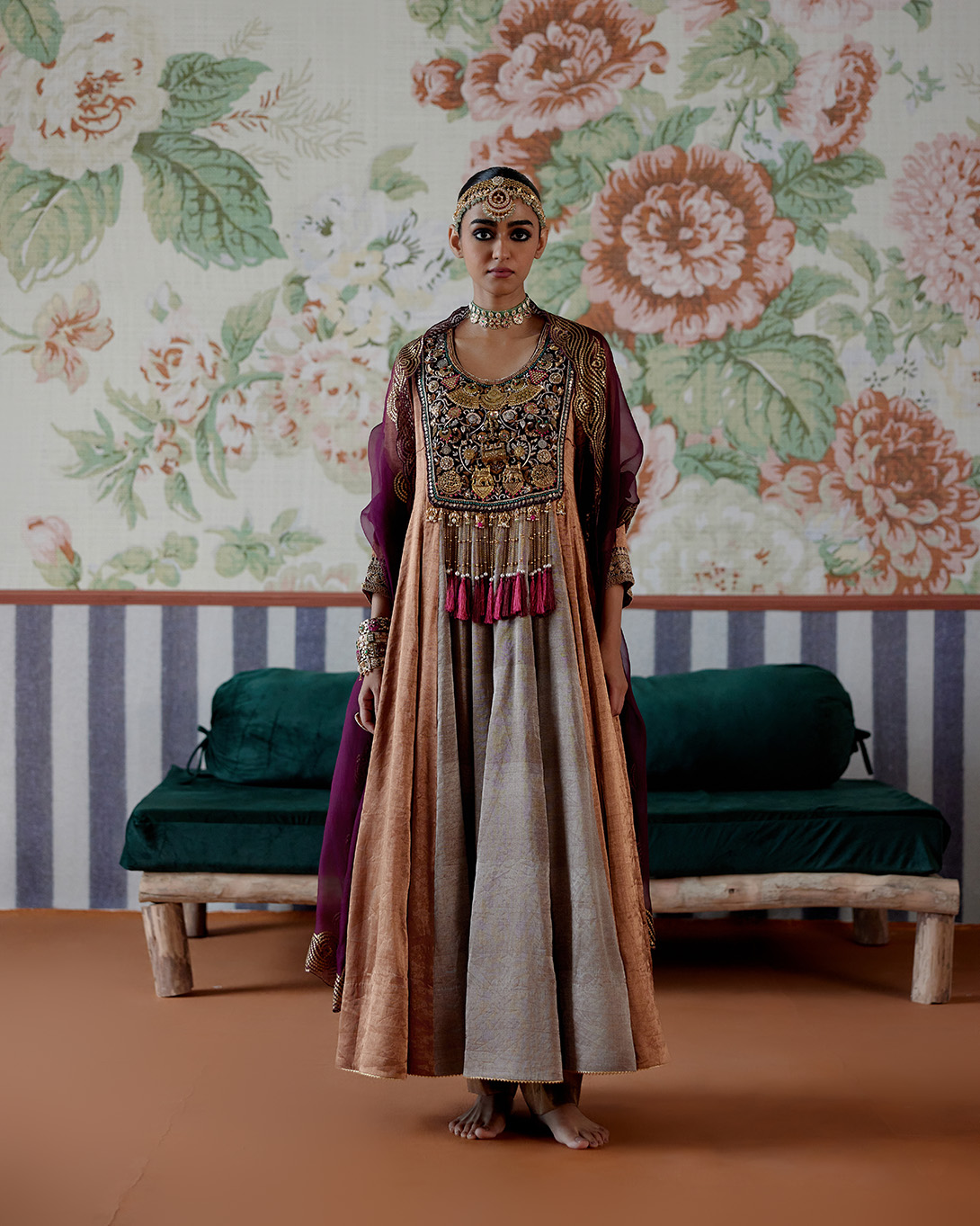 A model showcasing Copper And Silver Anarkali Set Feature image by Pooja Singhal from Pooja Singhal's collection