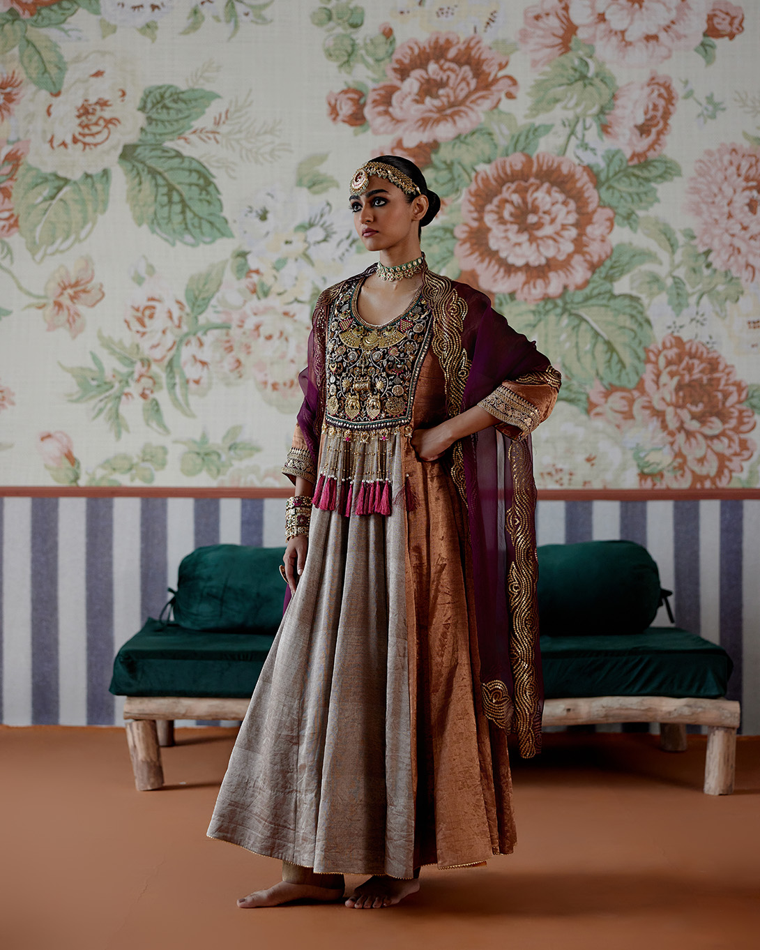 A model showcasing Copper And Silver Anarkali Set by Pooja Singhal from Pooja Singhal's collection