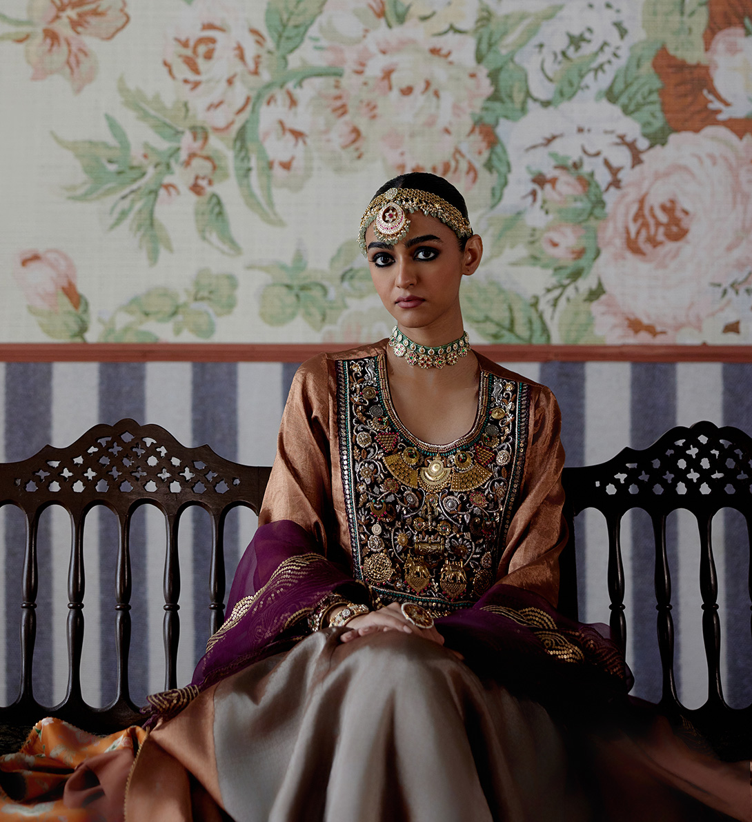 A model showcasing Copper And Silver Anarkali Set by Pooja Singhal from Pooja Singhal's collection