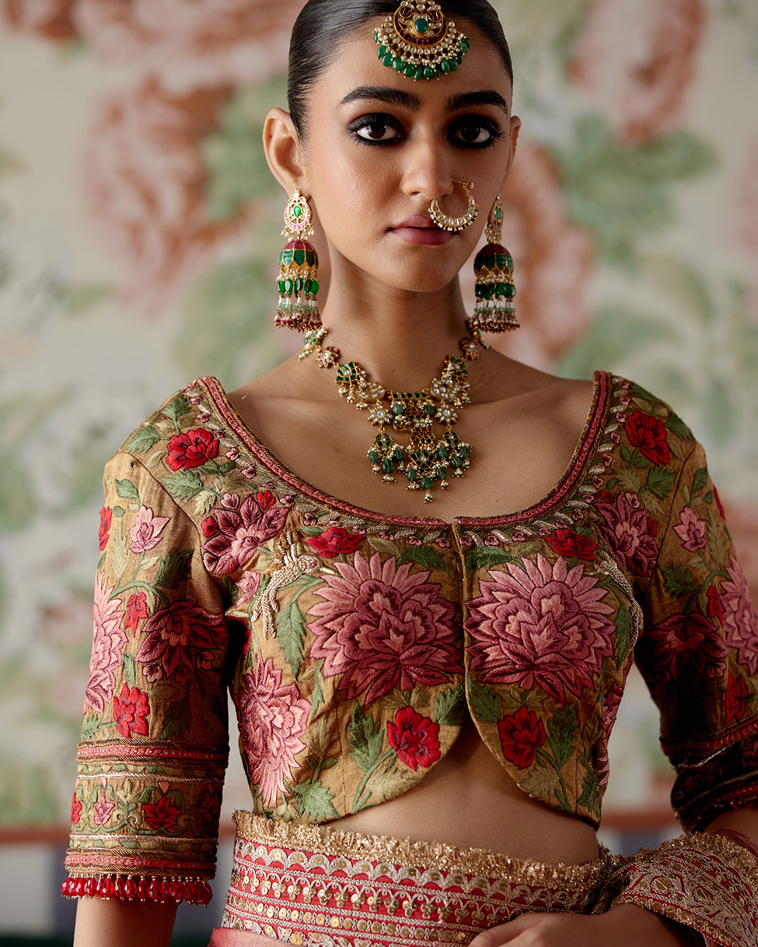 A model showcasing Maroon Banarasi Tissue Saree by Pooja Singhal from Pooja Singhal's collection
