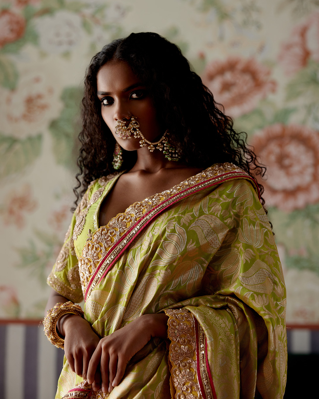 A model showcasing Green Banarasi Silk Saree by Pooja Singhal from Pooja Singhal's collection
