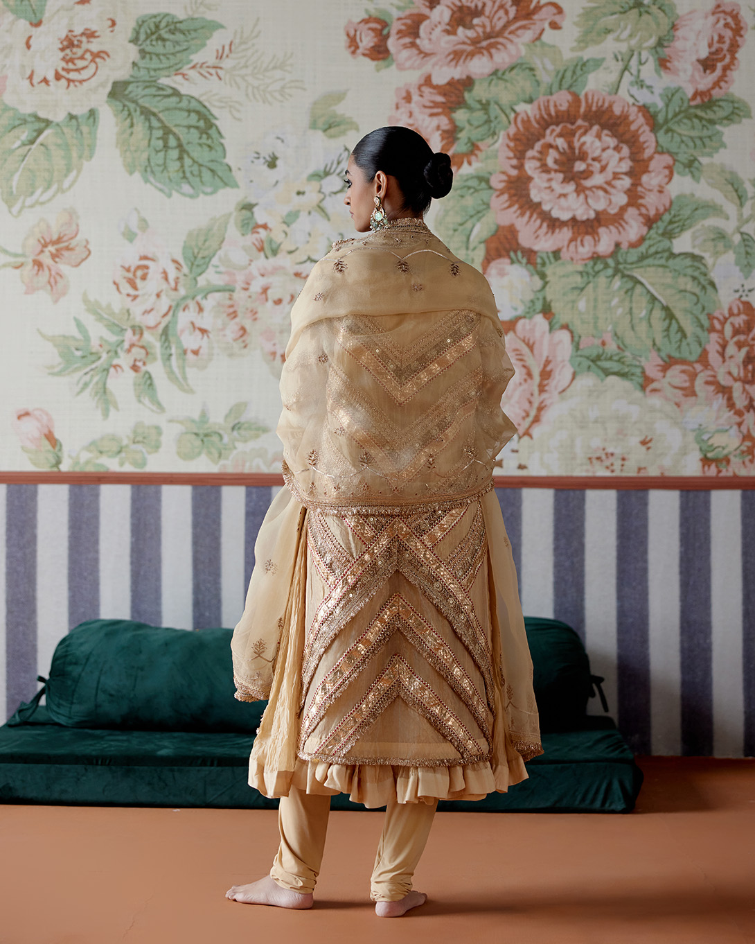A model showcasing Gold Gota Embroidered Kurta Set by Pooja Singhal from Pooja Singhal's collection