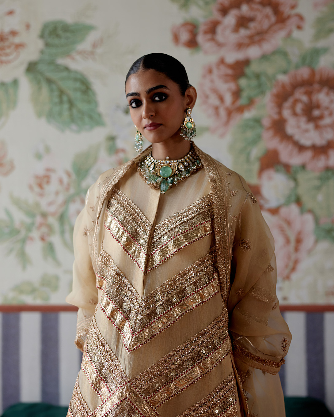 A model showcasing Gold Gota Embroidered Kurta Set by Pooja Singhal from Pooja Singhal's collection