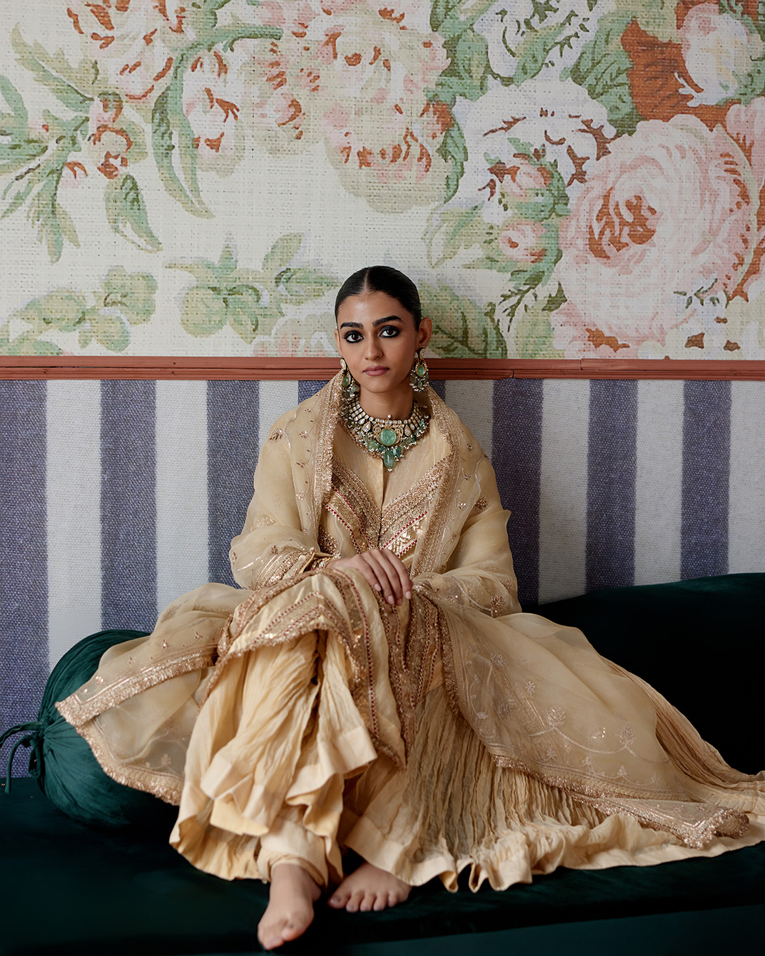 A model showcasing Gold Gota Embroidered Kurta Set by Pooja Singhal from Pooja Singhal's collection