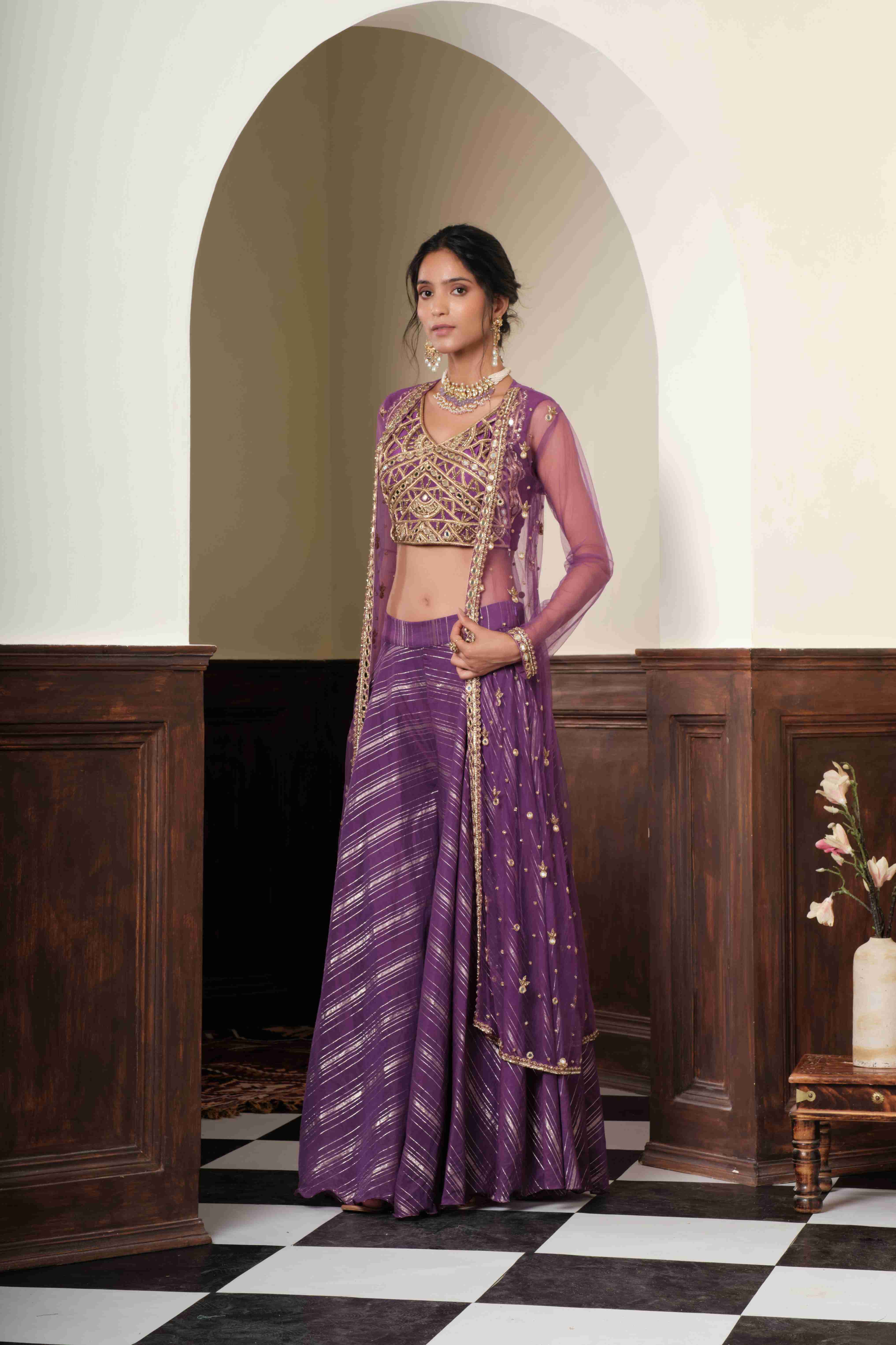 A model showcasing Devika Deep Violet Jacket Set Feature image by Muditaa By Urmila from Muditaa By Urmila's collection