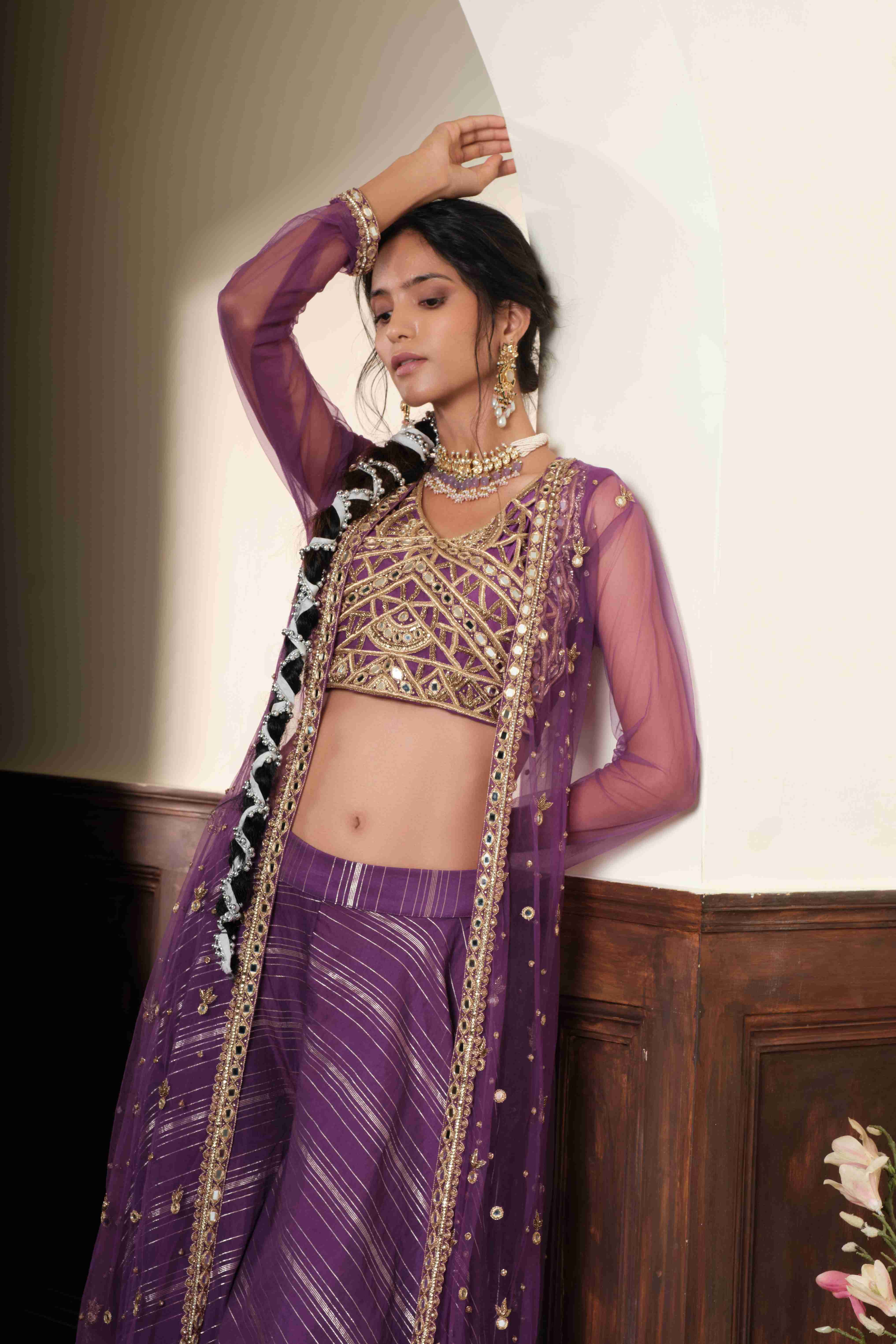 A model showcasing Devika Deep Violet Jacket Set by Muditaa By Urmila from Muditaa By Urmila's collection